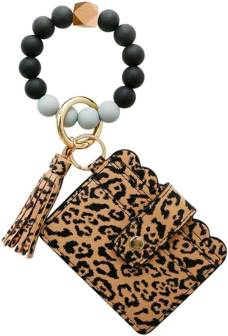 Silicone Beaded Bracelet Leather Keychain Wallet ID Card Holder Keyring Wristlet Bracelet Key Ring Chain Tassel Purse Women Girls Leopard