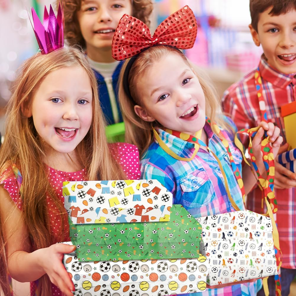 Soccer Wrapping Paper 12 Sheets Birthday 28X20In Folded Flat Gift Wra Paper 4 Style Football Sports Football Wrapping Papers Roll Sports Gift Wrap Paper for Boys image number 4