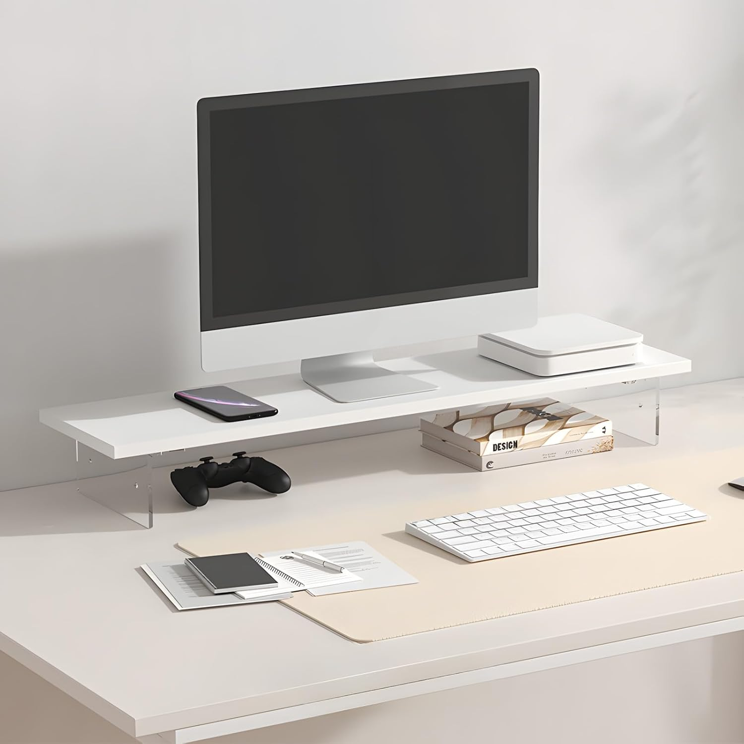 Monitor Stand Riser,Wood & Acrylic Computer Monitor Stand,Desk Organizer Accessories,Multifunctional Desktop Organizer Stand for Laptop, PC, Computer, Printer(White) image number 4