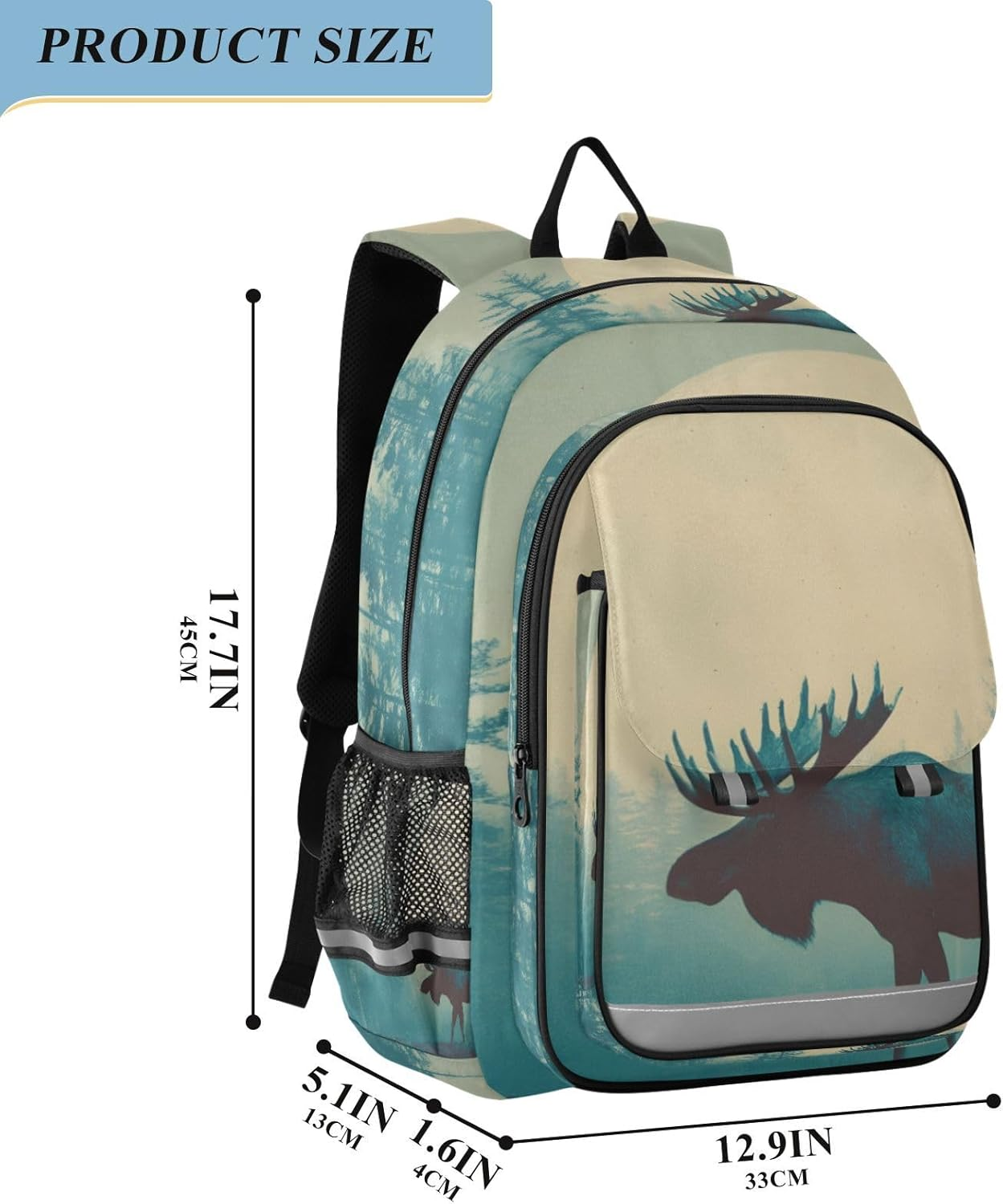 AIXIWAWA Kid'S Travel Backpacks Big Moon Moose Print for Boys Girls，Large Capacity Student School Bag with Reflective Stripe for Age 6 Above image number 6
