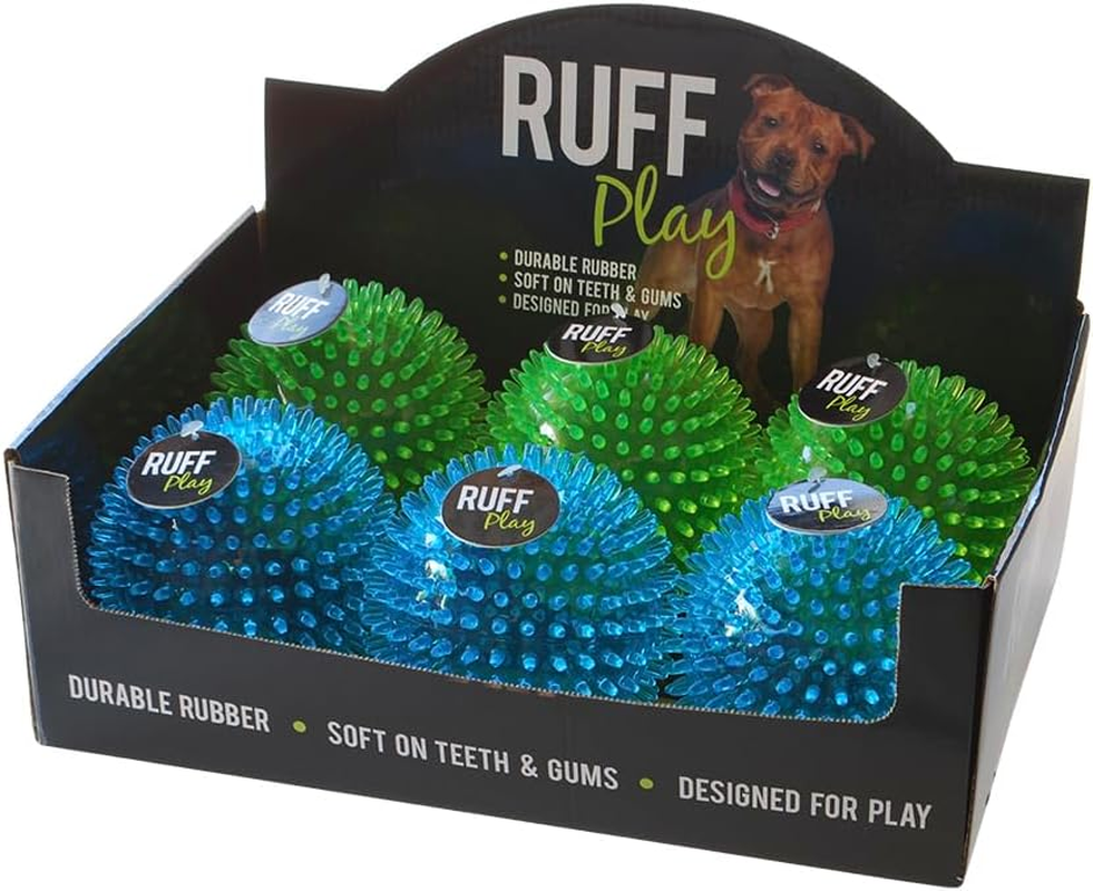 Ruff Play Spiky Ball Dog Toy, 13Cm, (6 Pack), Blue & Green - Dog Teething Toy, Durable Chew Balls, Spiky Ball, Non-Toxic Rubber, Aids Dogs Dental Health