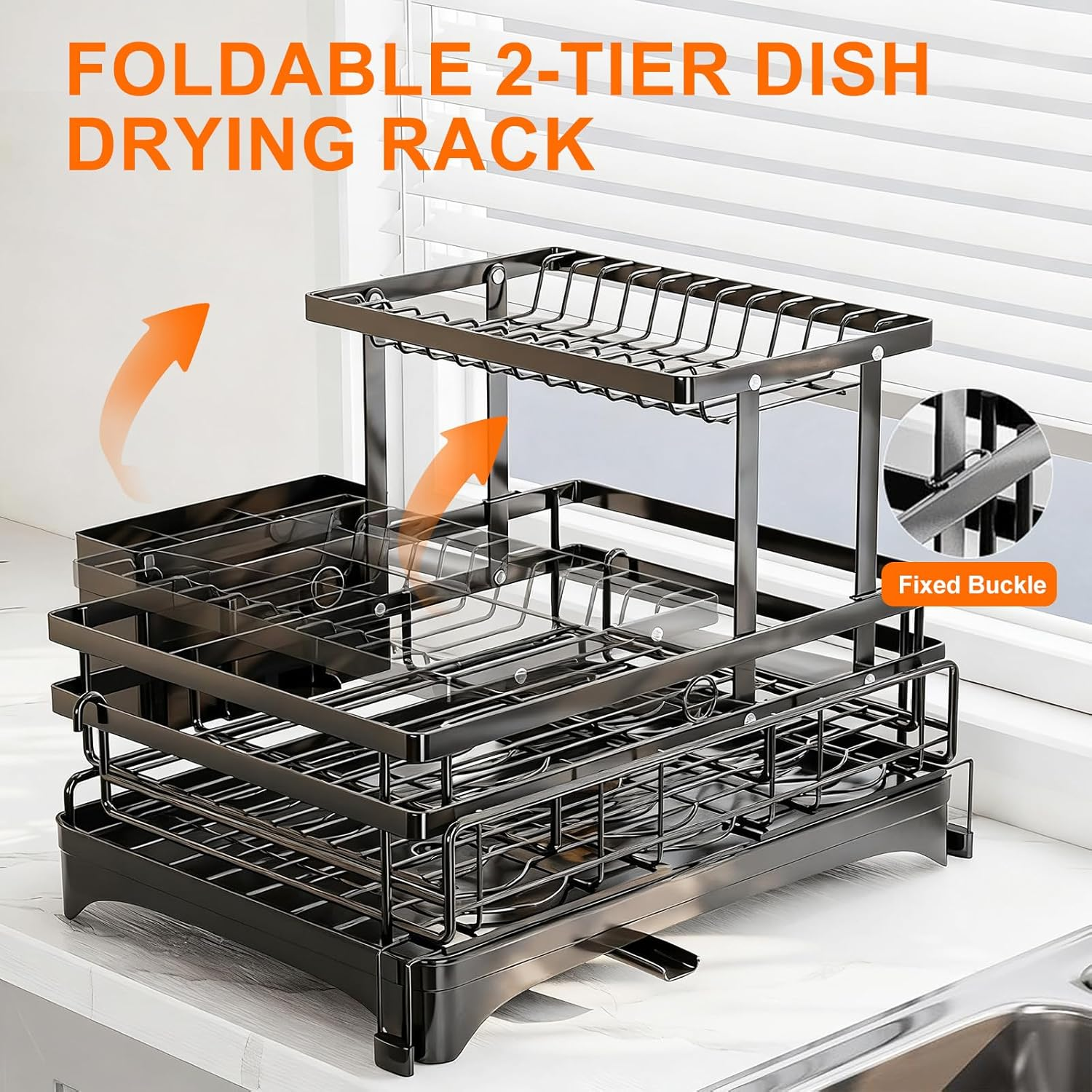 Expandable 2-In-1 Dish Drying Rack, 2-Tier Dish Rack with 360&deg; Rotating Drainer Board, Carbon Steel Dish Drainerwith Cutlery Utensil Rack & Holders for Kitchen Storage & Organisation image number 1