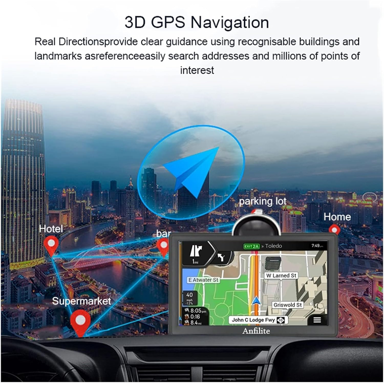 GPS Car Navigator, Portable Car GPS Navigation Bluetooth 7 Inch Capacitive Screen 8GB 256M Truck Vehicle GPS Navigator Europe Maps for Car Truck Rv(Without Bluetooth) image number 3
