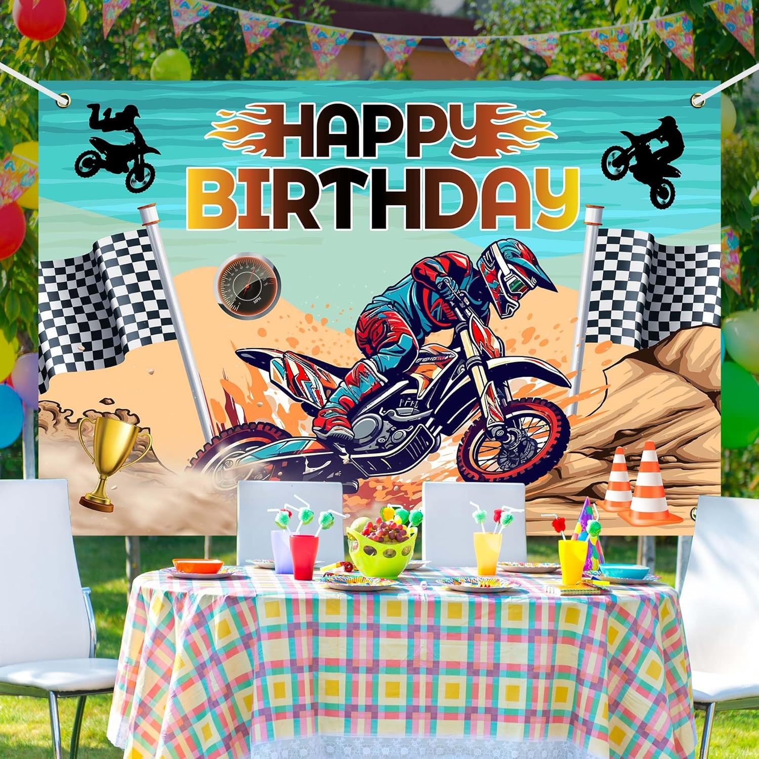 Dirt Bike Happy Birthday Party Banner Backdrop Motocross Racing Competition Checkered Extreme Sports Theme Decor for Riders Boys Girls Birthday Party Favors Decorations Supplies 70.8X47.2In-Beckten image number 4