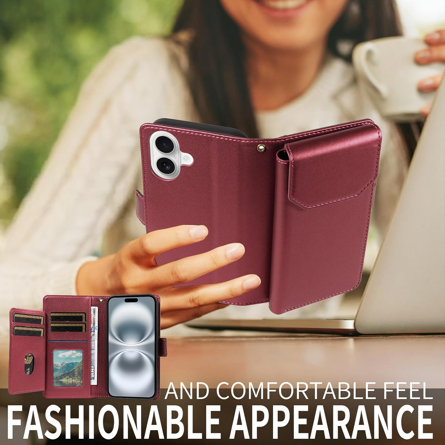 For Iphone 17 Pro Wallet Case with Card Holders Money Slots Wrist Strap,For Iphone 17 Pro Leather Folio Flip Case Kickstand Phone Cover-Wine Red image number 6