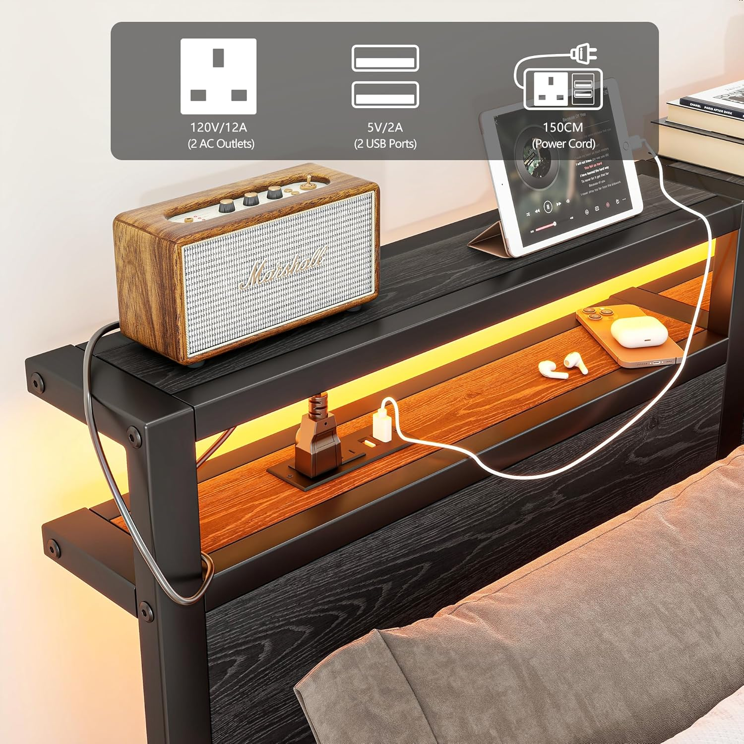 Queen Bed Frame with LED Lights Storage Headboard,Queen Bed Frame with Charging Station,Heavy Duty Metal Platform Bed Frame,No Box Spring Needed,Noise Free,Strong Metal Slats Support,Black image number 6