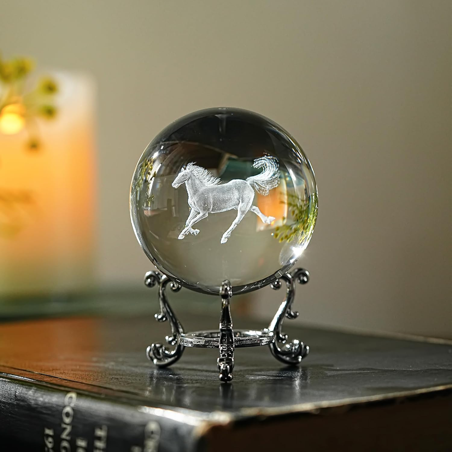 60Mm 3D Horse Crystal Ball Figurines with Stand Chinese Zodiac Glass Ball Feng Shui Sphere Home Table Decor image number 2