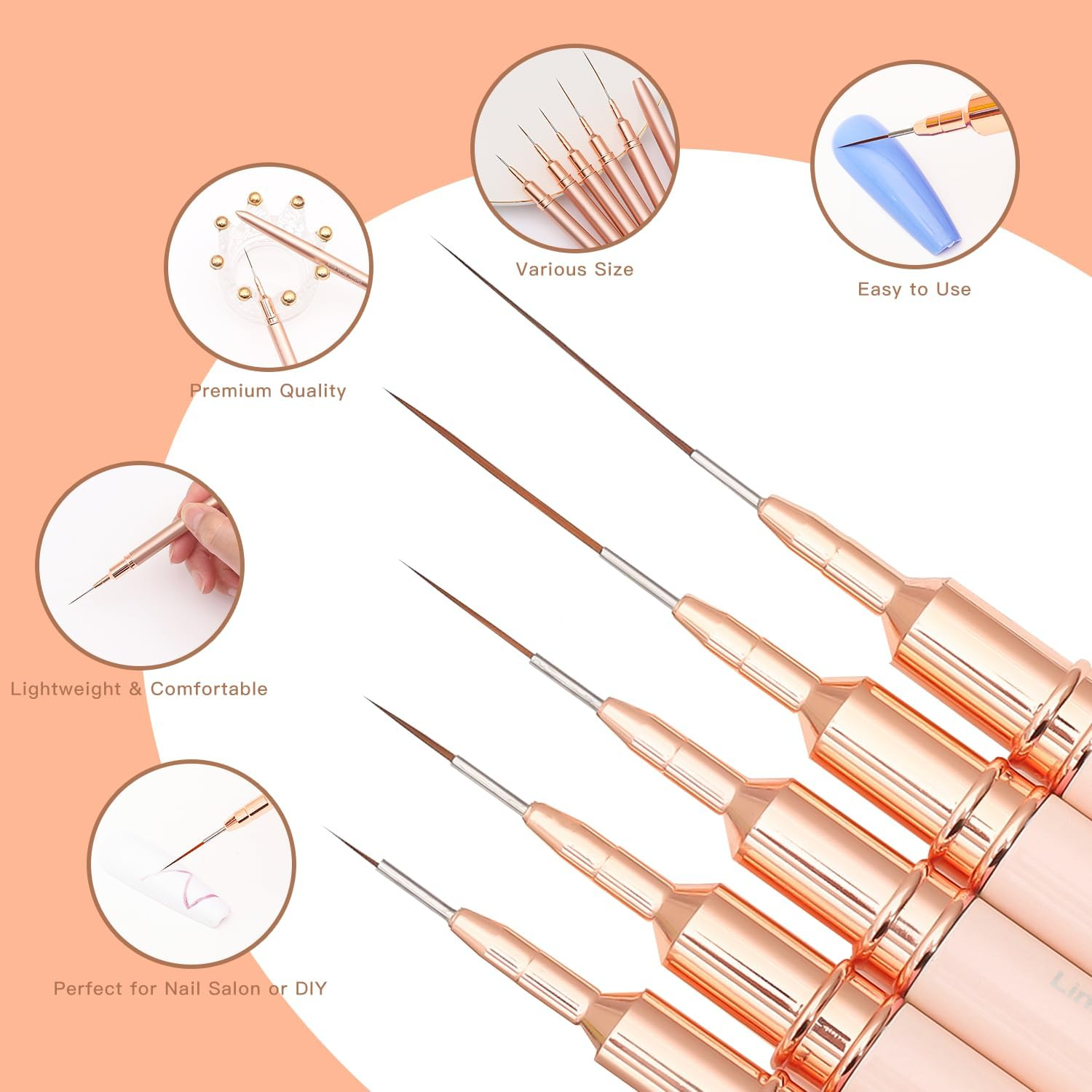 Metallic Nail Art Brushes, 5Pcs Liner Brush Set, UV Gel Polish Painting Art Design Pen for Long Lines, Thin Details, Fine Drawing Sizes 4/8/12/20/25Mm(Champagne Gold) image number 1