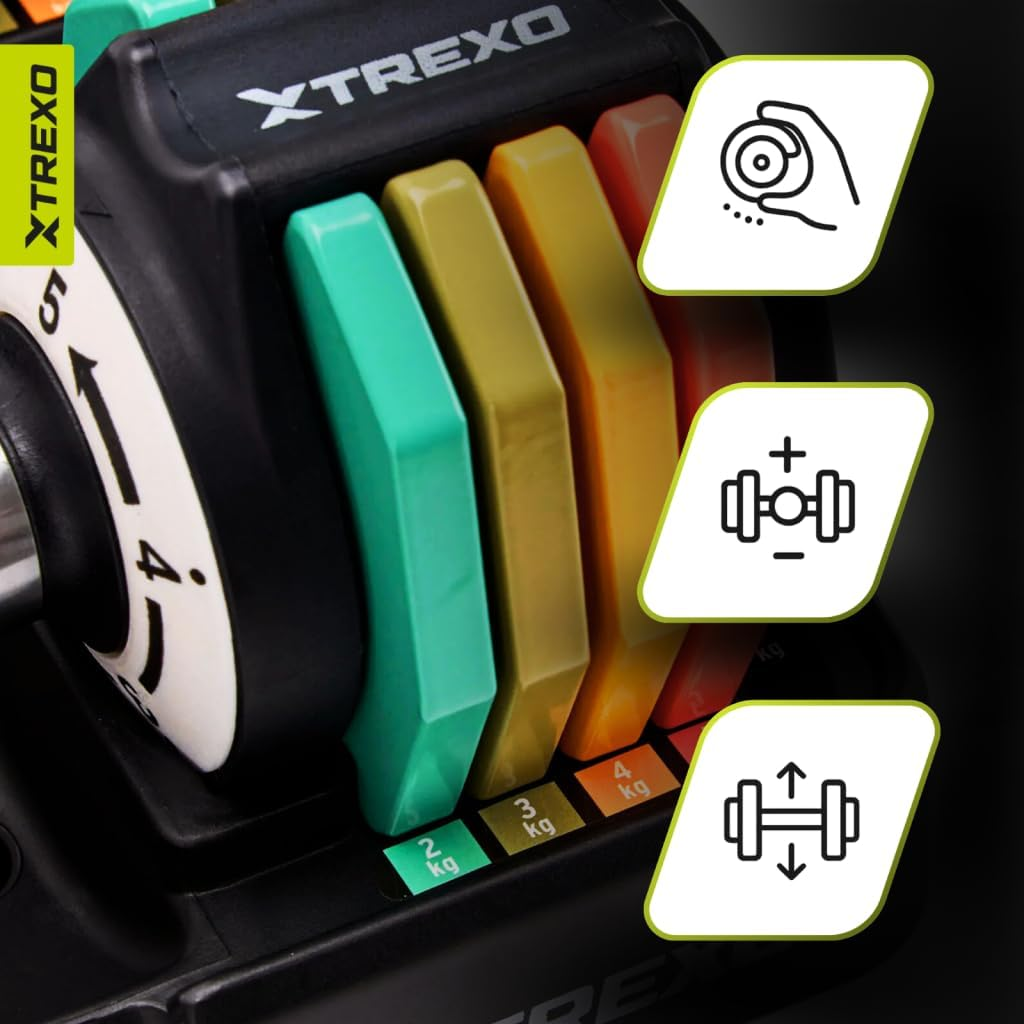 TREXO Multicolour Adjustable Dumbbell Set, 2 X 5 Kg Dumbbells Made of Steel with Non-Slip Handle, Ideal for Strength Training at Home and in the Gym, Adjustable Dumbbell with Sturdy Base image number 6