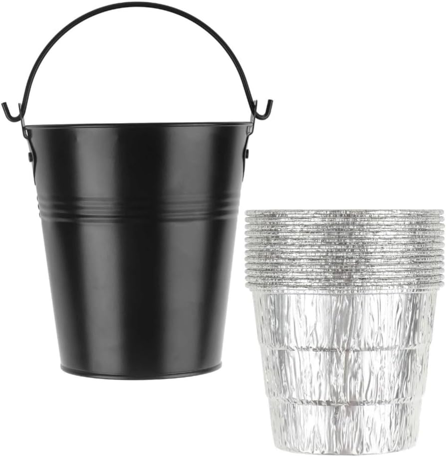 Poemtian Grease Bucket with 12-Pack Disposable Foil Liner, Rust-Proof Iron Alloy Drip Grease Can Tin Liners Replacment Drip Smoker Bucket Liners, Drip Tray Grease Bucket image number 2