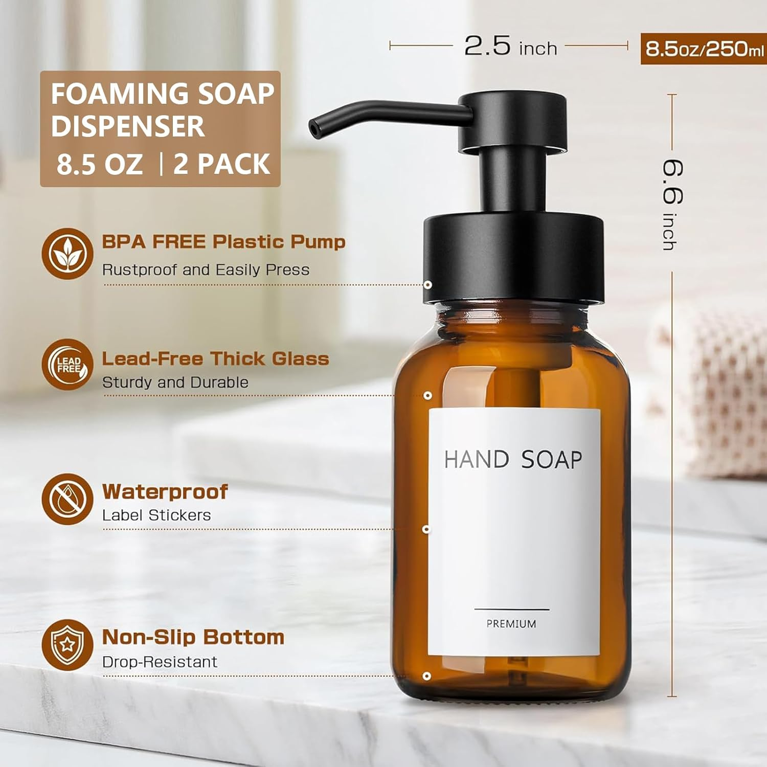 Foaming Soap Dispenser, 8.5 Oz Amber Glass Foam Soap Dispenser for Bathroom & Kitchen, 2 Pack Modern Refillable Foaming Hand Soap Dispenser, Foam Pump Bottle with Waterproof Labels