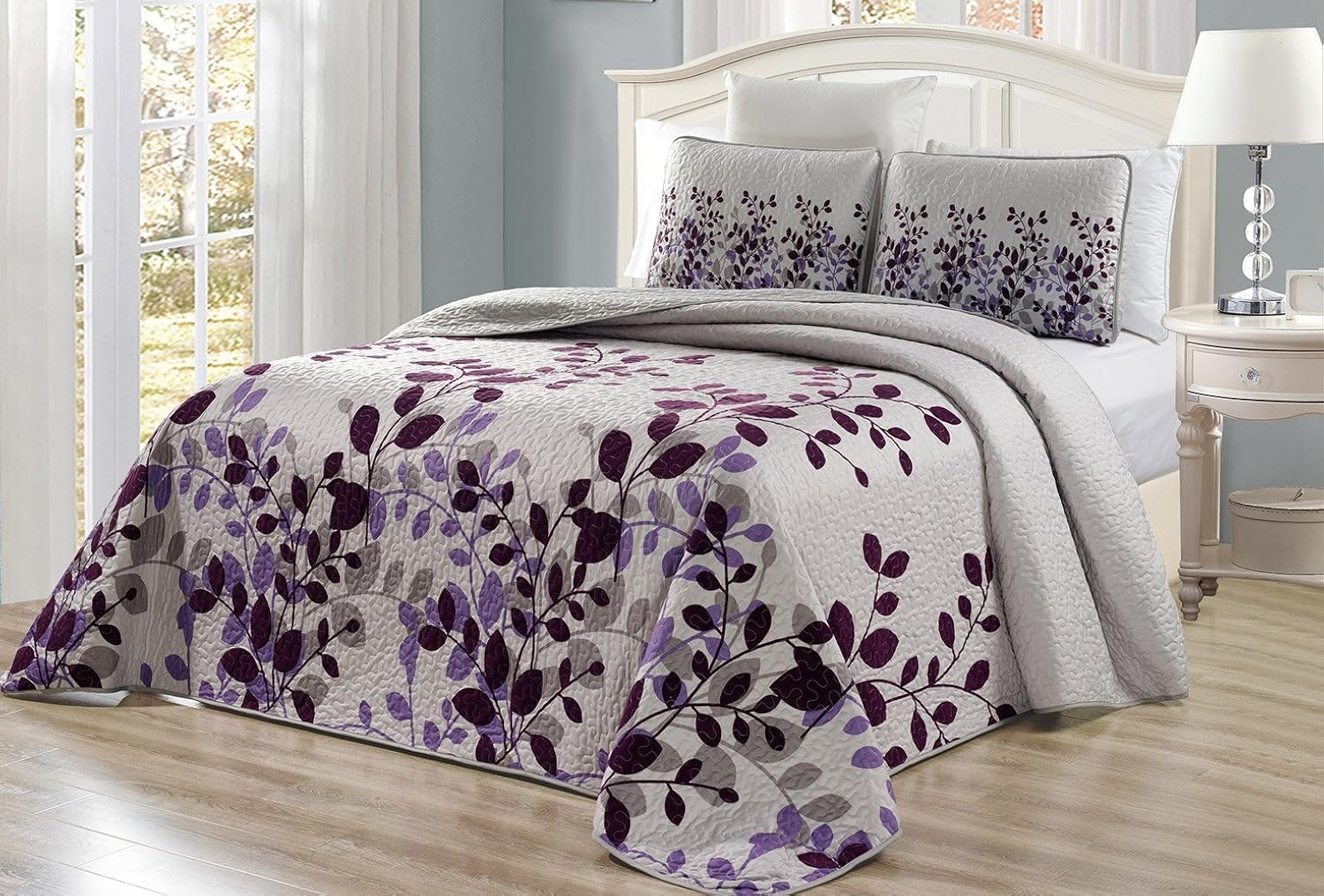 Grand Linen - 3-Piece Oversize (100 X 95) Fine Printed Prewashed Quilt Set Reversible Bedspread Coverlet Full/Queen Size All-Season Bed Cover (Purple. Grey, Brown, White, Floral) image number 3