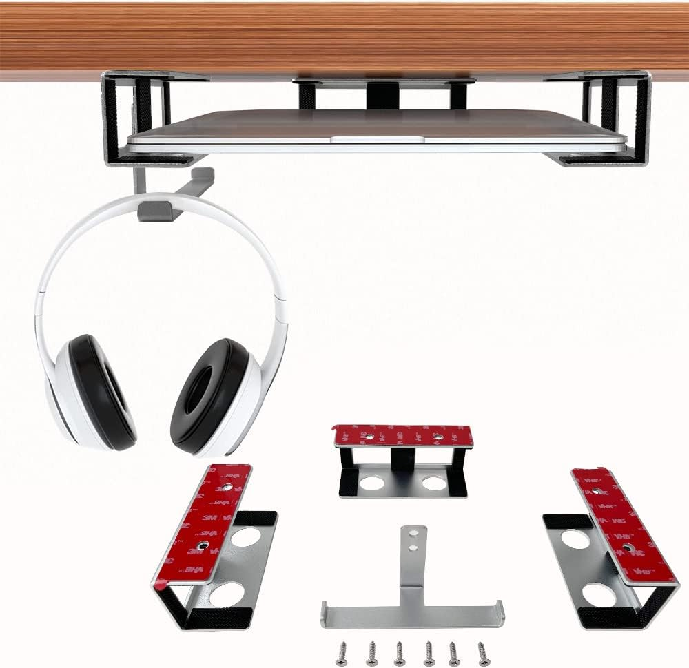 Under Desk Laptop Mount, JEMACHE Aluminium under Desk Shelf Holder for Laptop, Mac Mini, Macbook with Anti-Scratch Silicone (Silver)