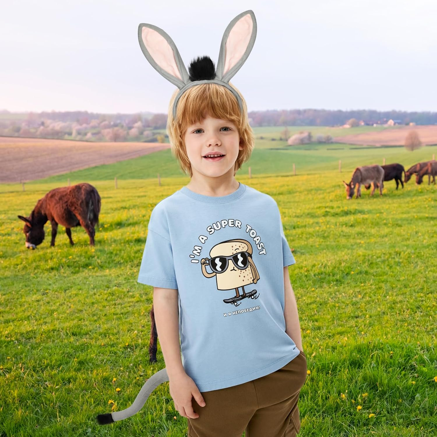 Hifot 2Pcs Donkey Costume Set, Grey Donkey Ears Headband and Tail Set, Donkey Animal Fancy Dress Outfit Animal Costume Accessories for Kids Adults for Cosplay Halloween Carnival Nativity Theme Party image number 3