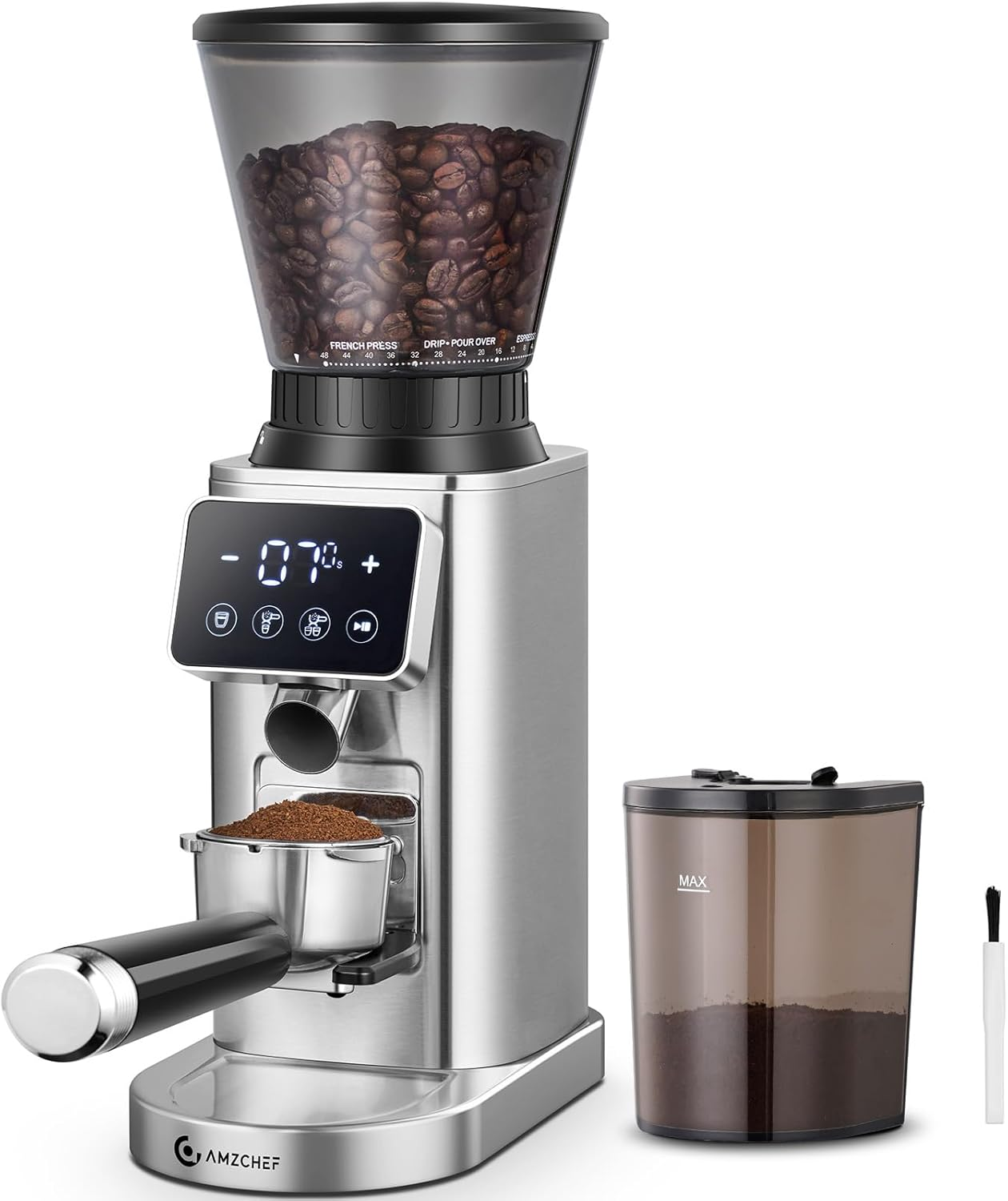 AMZCHEF Electric Coffee Grinder, Conical Burr Grinder with 48 Precision Grind Settings, LED Panel Control, Detachable Funnel Stand for Espresso, Drip, French Press, Easy to Clean, Stainless Steel image number 3