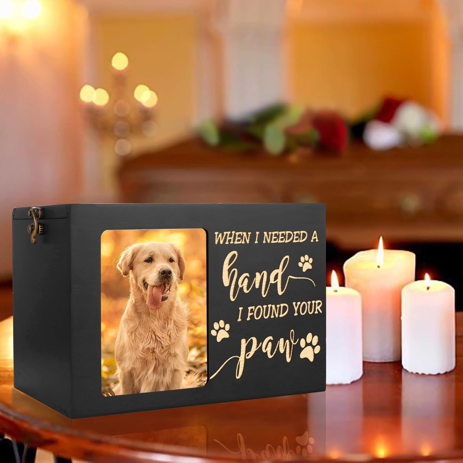 Pet Memorial Urns for Dog or Cat Ashes, Large Wooden Funeral Cremation Urns with Photo Frame, Memorial Keepsake Memory Box with Black Flannel as Lining, Loss Pet Memorial Remembrance Gift image number 1