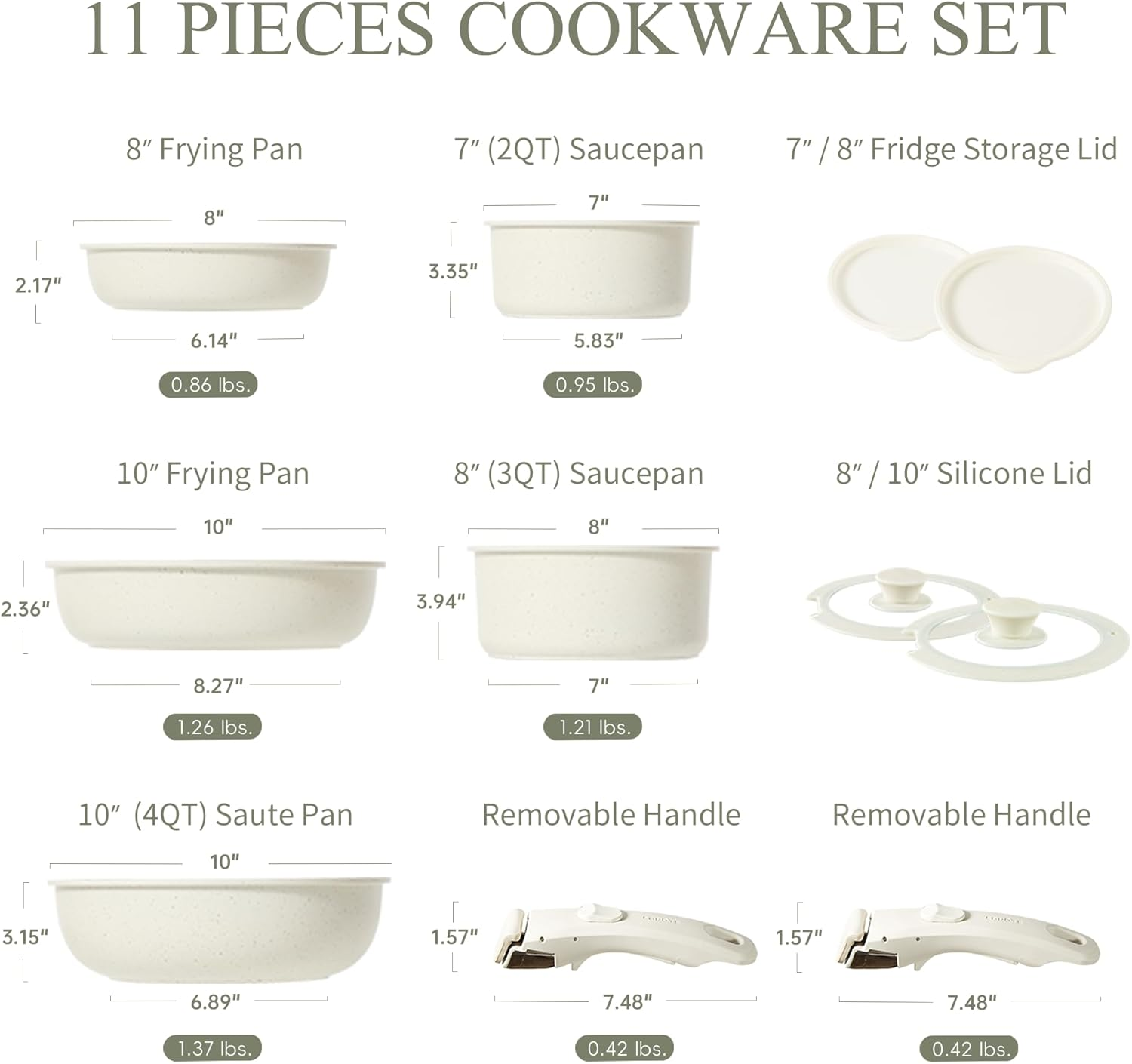 CAROTE 11Pcs Pots and Pans Set Non Stick, Cookware Sets Detachable Handle, RV Kitchen Set Removable Handle, Oven Safe, Induction Ready, Stackable Non-Stick Set, Cream White image number 6