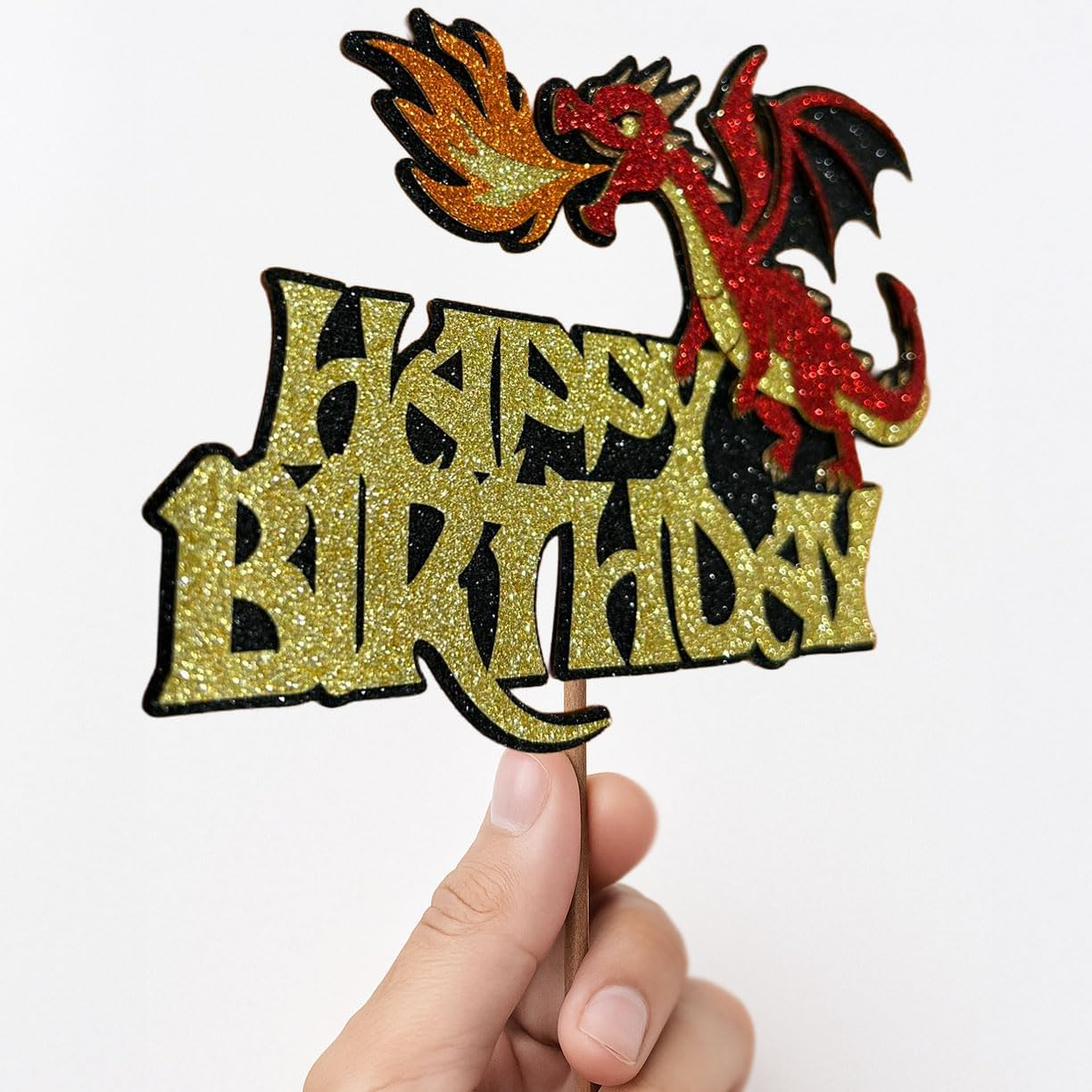 Confetti! Multilayer Glitter Dragon Cake Topper &ndash; Red, Gold & Black Fire-Breathing Decoration | Handmade 7"X5" Fantasy Party Pick for Kids Birthday & Baby Shower image number 3