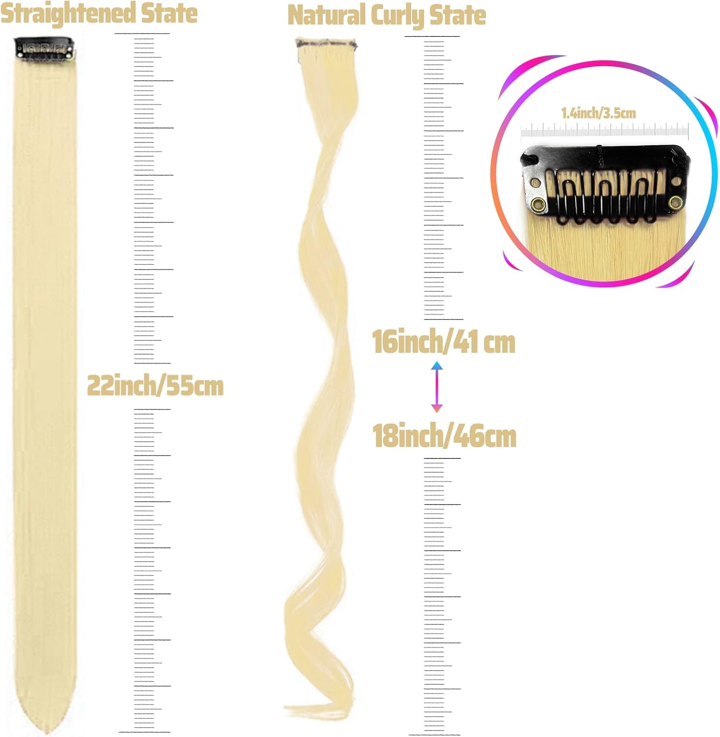 Blonde Coloured Hair Extensions Clip in for Girls 17 Inch Colourful Curly Wavy Hair Extensions for Party Highlight Hair Accessories Hairpieces for Children Women (12 Pieces Blonde) image number 3