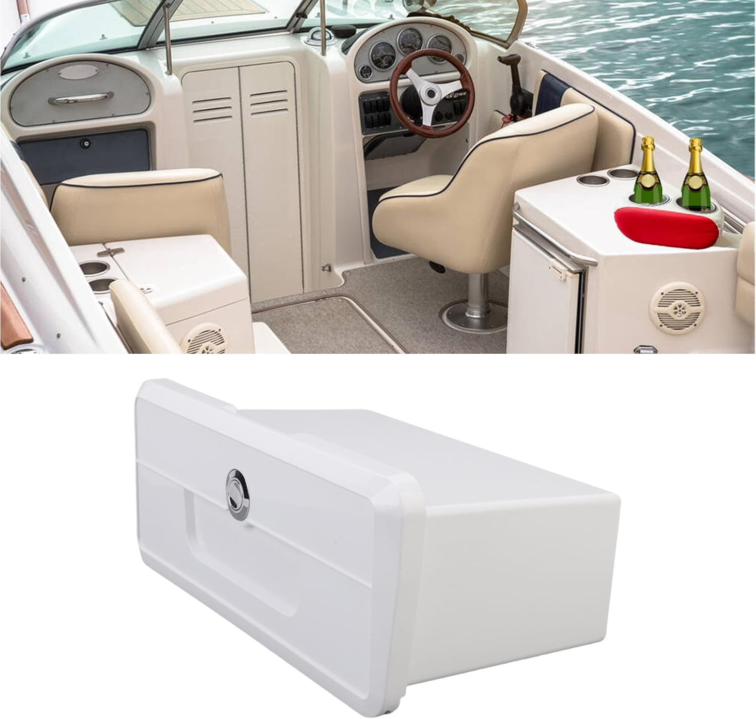 Jiawu Boat Storage Compartment, ABS Plastic Boat Glove Box with with Double Cup Holder Design, Concealed Button Lock, Spacious Pontoon Yacht Storage Box (White) - Black image number 7