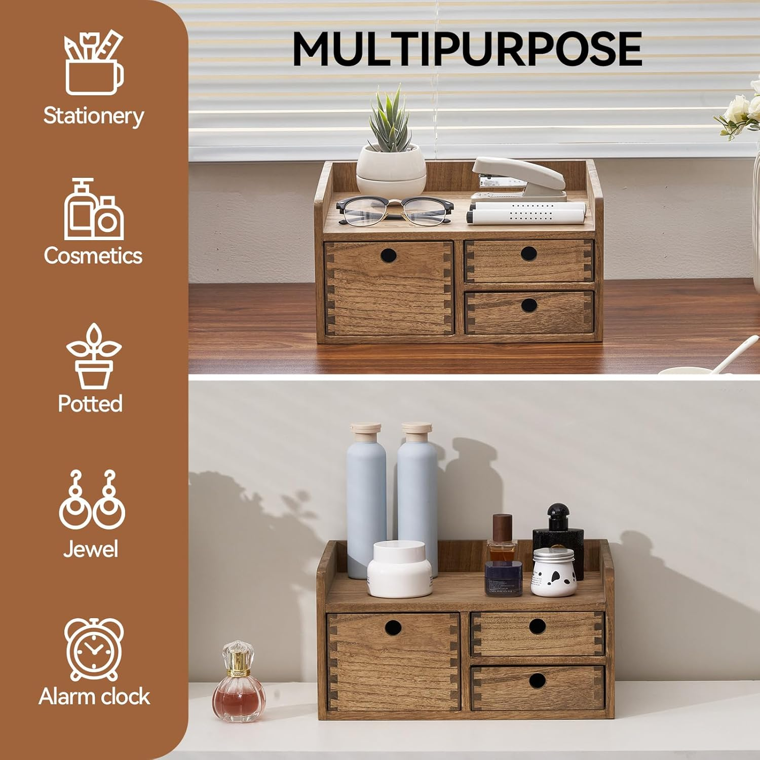 KIRIGEN Desk Organizer with 3 Drawers - Wood Drawer Storage Box with Trays for Tabletop - Workspace Office Toiletries Supplies Tool Caddy - Wooden Storage Cabinet1 Layer Dark Brown（Dt1D3C-Dbr） image number 7