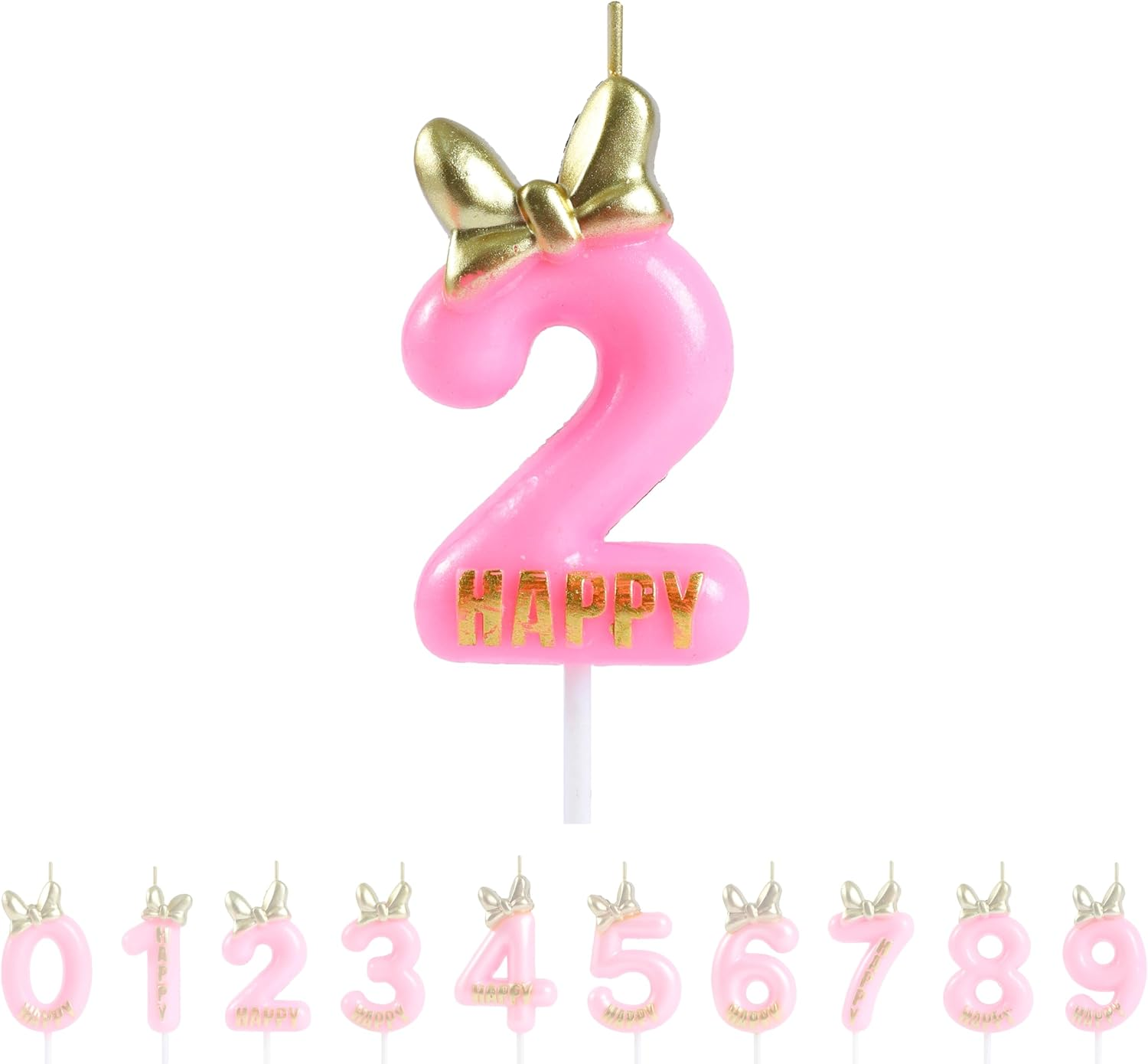 EAKE Pink Birthday Candles Number 2 with Bow Bowknot Bowtie and Metallic Gold Mini Happy Letter for Happy 2Nd Mouse Theme Birthday Cake Topper Party Supplies Decorations (4.7 Inch) image number 4