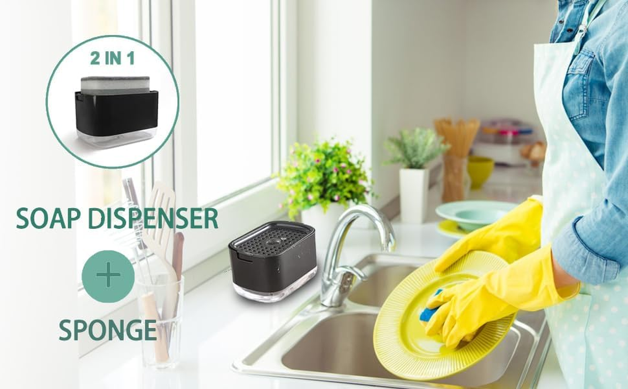 Dishwashing Countertop Soap Dispenser and Sponge Holder with 2-In-1 Design, Soap Pump Dispenser, and One Free Wire Dishwashing Rag Included in the Package, Black. - 2-1 Black image number 4