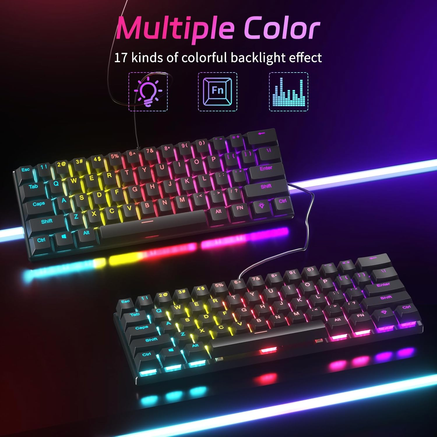 Smliekate 61-Key Mechanical Keyboard, Red Axis Compact Mini Wired Keyboard, 17 Kinds of Colorful Backlight Effect, for PC, Mac E-Sports Portable. (Black) image number 1