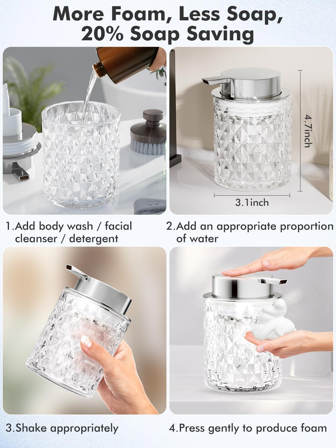 Skogfe Glass Hand Foaming Soap Dispensers with Silver Pump, Foaming Hand Soap Dispenser Modern Foam Dispenser for Bathroom, Kitchen, Commercial (Clear)