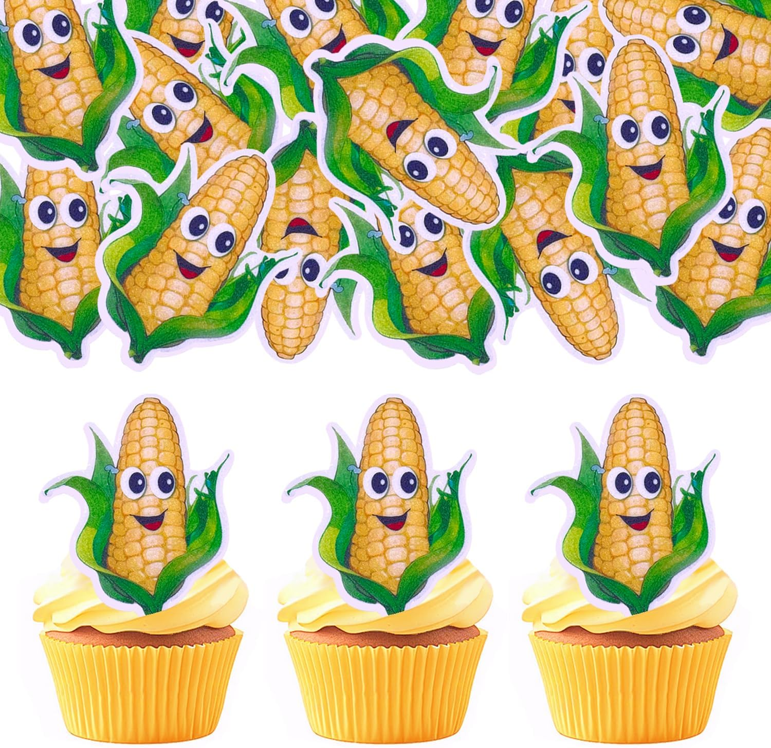 Cartoon Fruit Smiley Cupcake Decoration Card, Edible Wafer Paper Creative Baby Full Moon Bath Birthday Series Theme Party Dress up Plug-In (Corn 50Pcs)