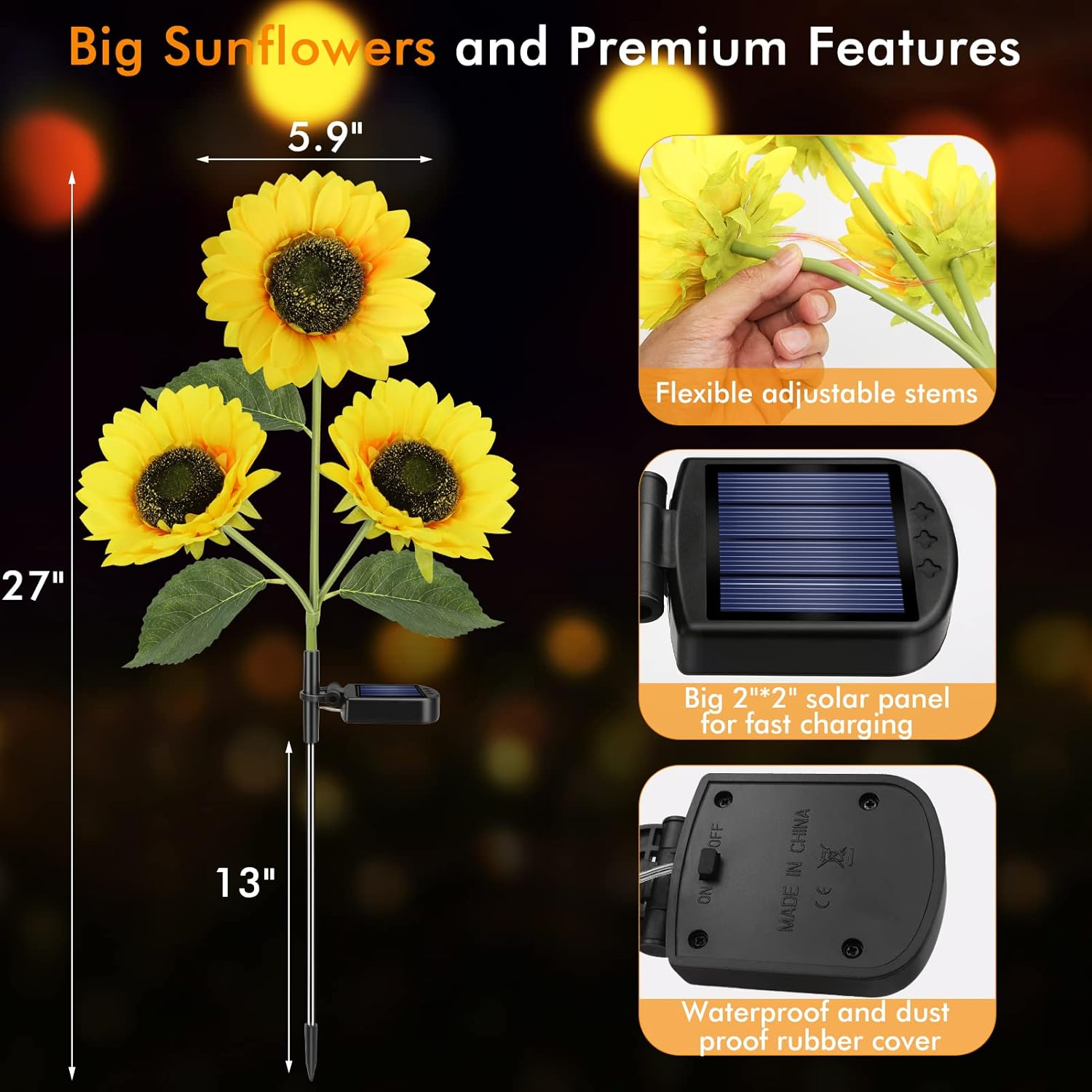 Solar Sunflower Lights, 800Ma Solar Garden Light with Real Looking Flowers Outdoor Waterproof Solar Stake Lights for Back Yard, Flower Bed, Pathway, Patio, Porch, Spring Decoration (2 Pack) image number 5