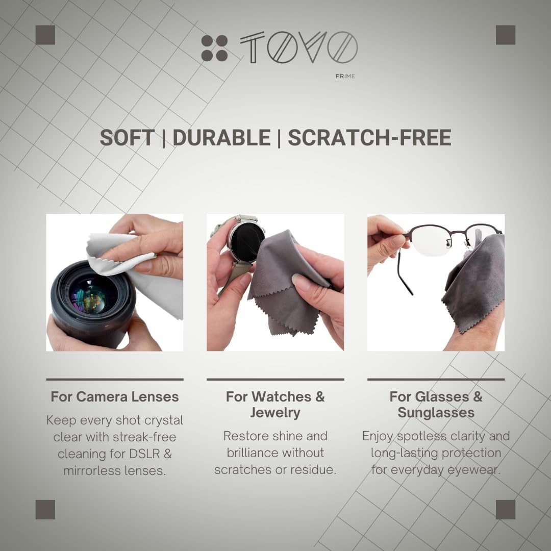 TOVO Prime Microfiber Lens Cleaning Cloths | Glasses, Eyeglass & Camera Lens Cleaner | Screen Cleaning Cloth for Smartphones, Tablets, Laptops, LCD Tvs & VR/AR Headsets | Pack of 6 image number 2