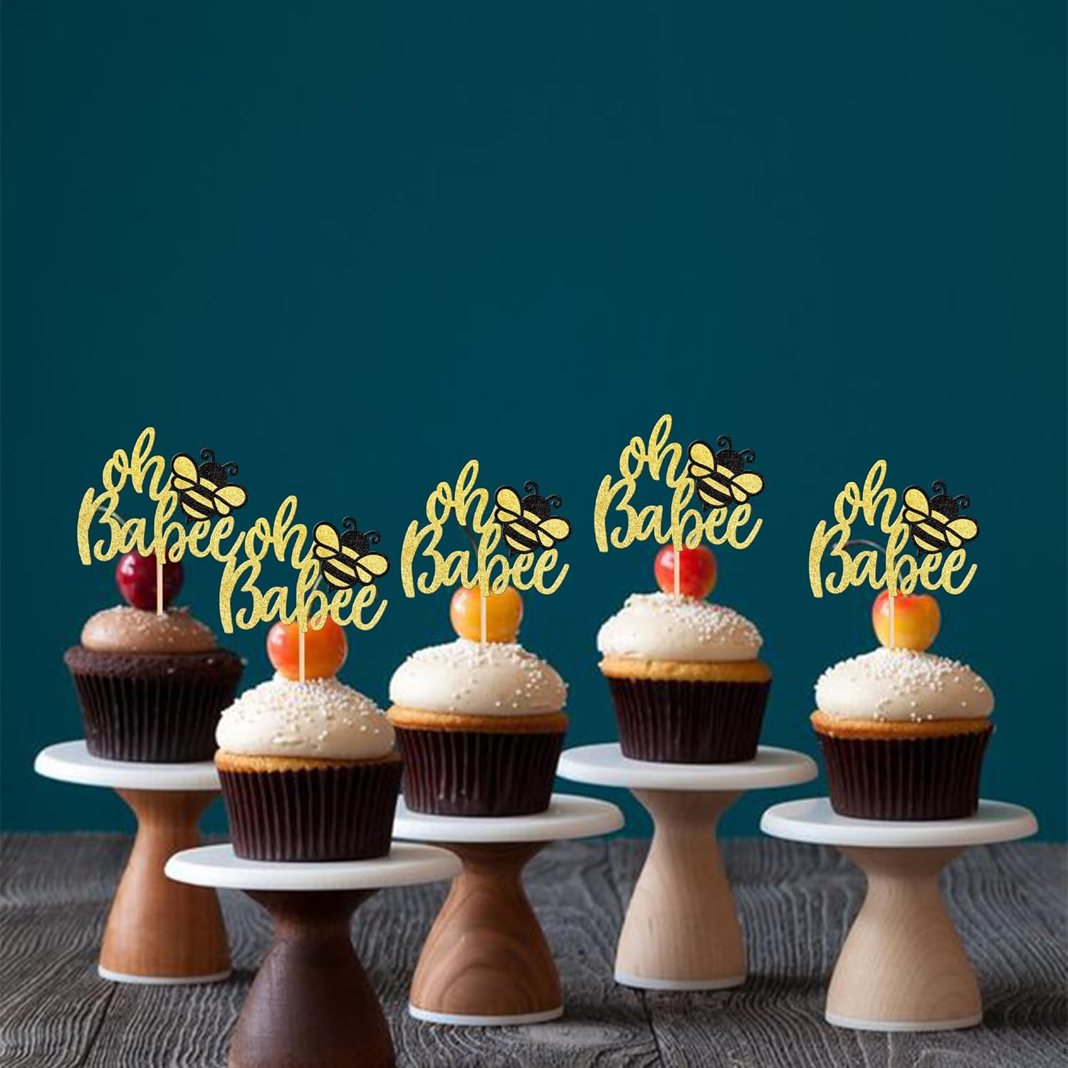 24 Pack Bumble Bee Oh Babee Cupcake Toppers Glitter Honeybee Oh Baby Cupcake Picks for Bee Theme Baby Shower Kids Birthday Party Cake Decorations Supplies Gold image number 6