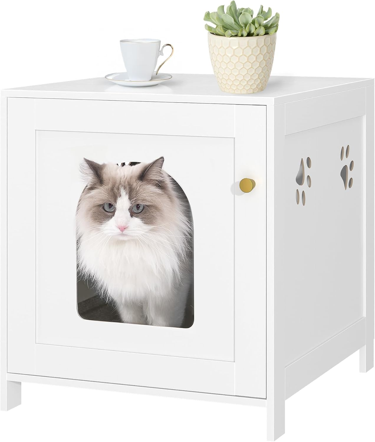 Hzuaneri Cat Litter Box Enclosure, 21.6" L Hidden Litter Box Furniture, Wooden Indoor Pet House with Front Arched Door, Side End Table, Nightstand for Living Room, Bedroom, White CB82213X