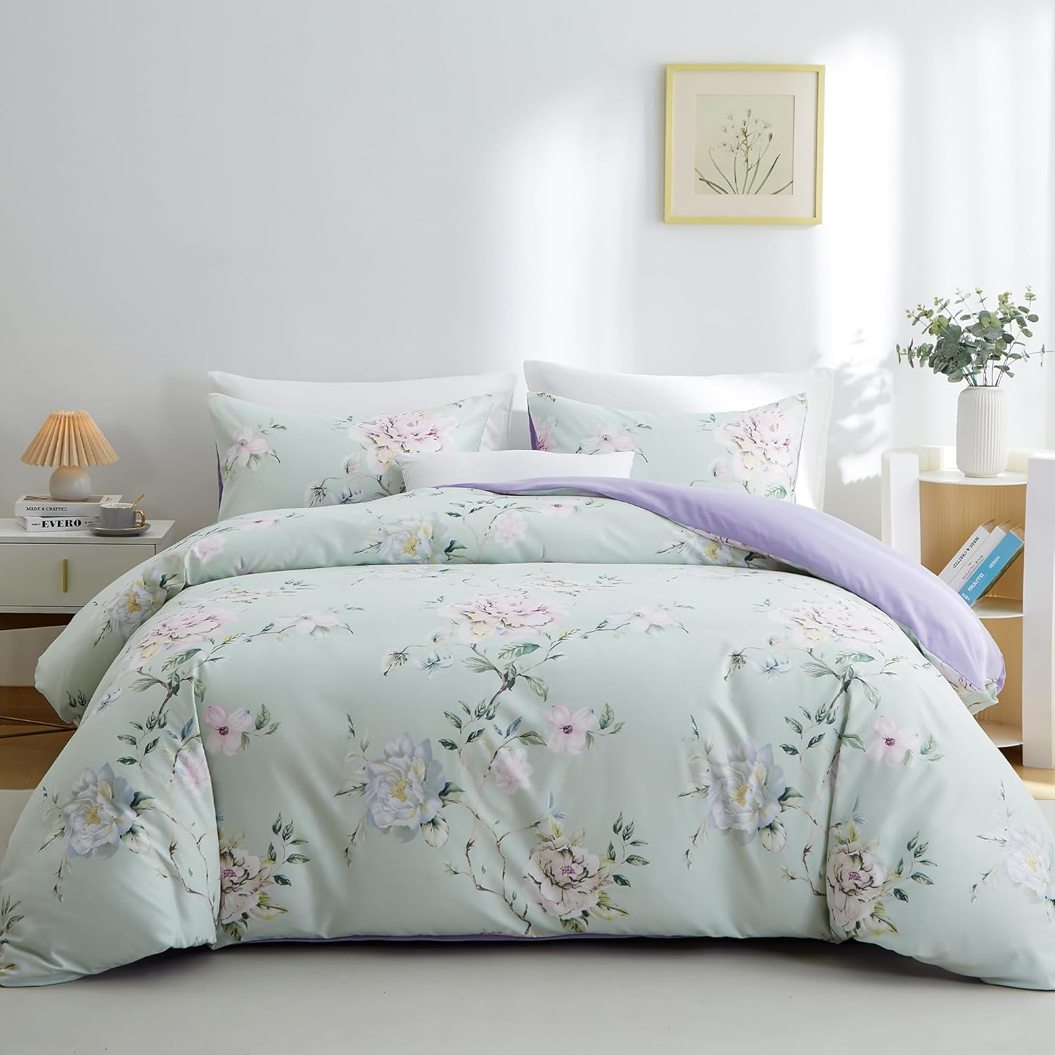 BOLINLIVING Floral Duvet Cover Queen Size 3 Pieces, Flower Duvet Cover with 2 Pillow Shams, Soft Floral Bedding Set White and Blue for All Season, Breathable, Zipper Closure&hellip;