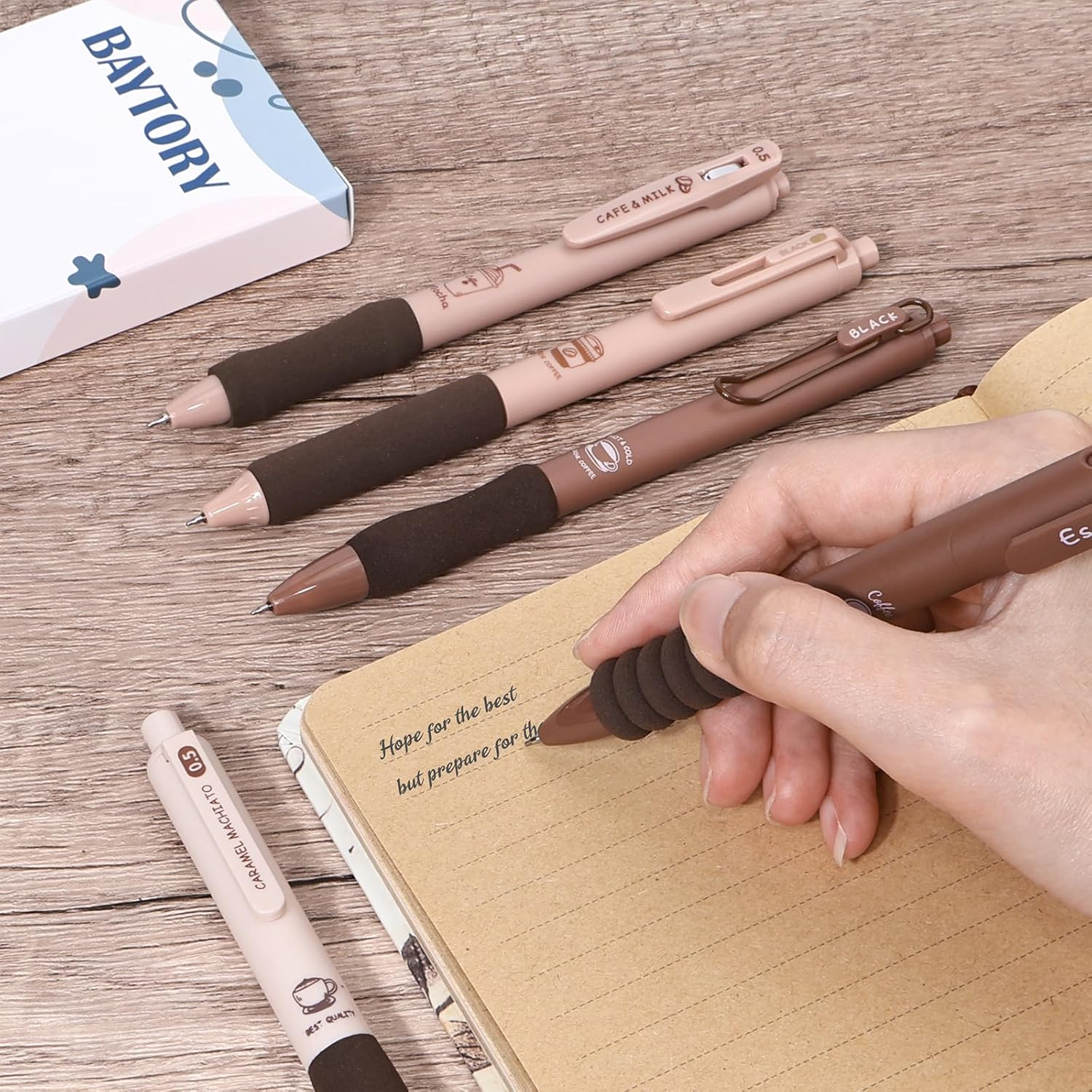 BAYTORY 5Pcs Gel Pens, Quick Dry Ink Pen Fine Point Black 0.5Mm, Aesthetic Stuff Retractable Rolling Ball Gel Pen Smooth Writing for School Supplies Journaling (Coffee)