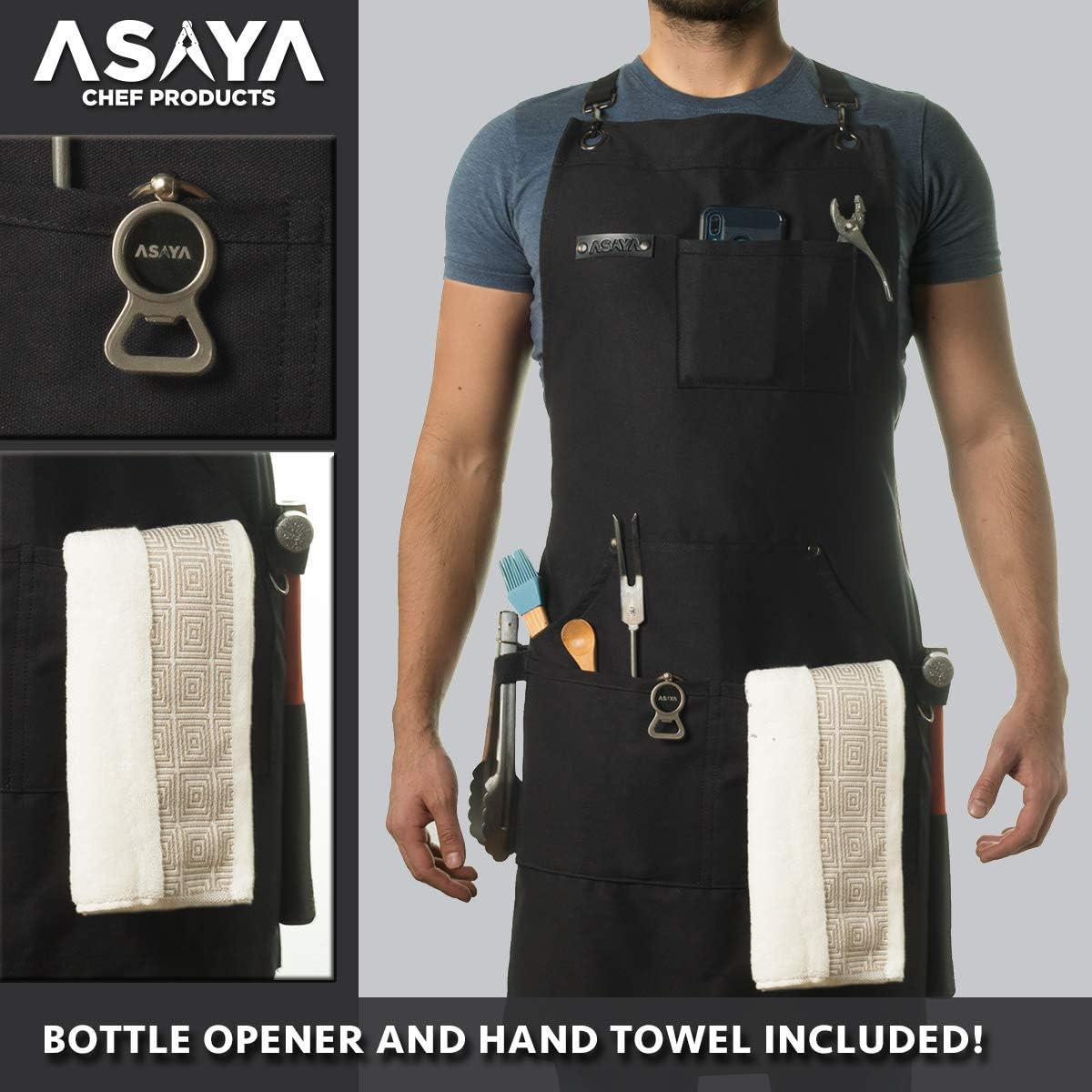 Asaya Chef Apron for Men and Women + Hand Towel and Bottle Opener - 10Oz Canvas - Green image number 7