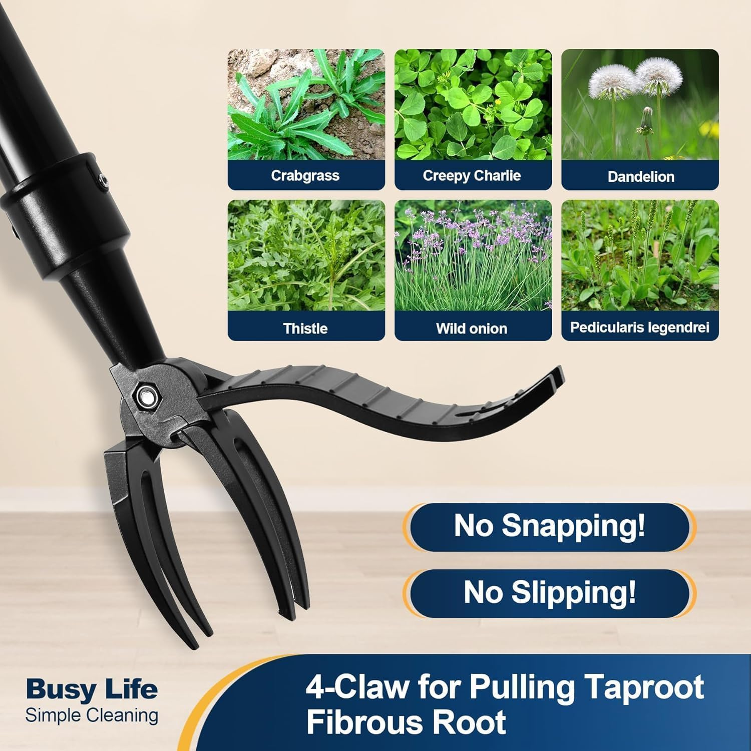 Weed Puller Tool Set, Stand-Up Weeder with 3 Steel Headl(4-Claw) with Stainless Handle Adjustable to 1.3M,Update Tighter Connectors,Remove Weeds without Bending,Pulling,Kneeling for Lawn and Garden