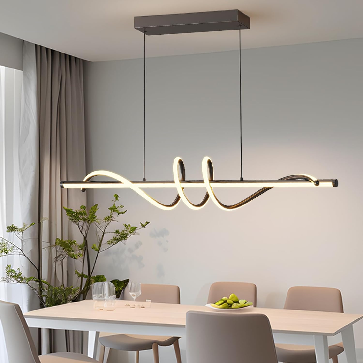 Modern Dimmable Chandelier, Led Pendant Light, Aluminum Linear Light Fixture for Kitchen Island Dining Room over Table (Black) image number 6