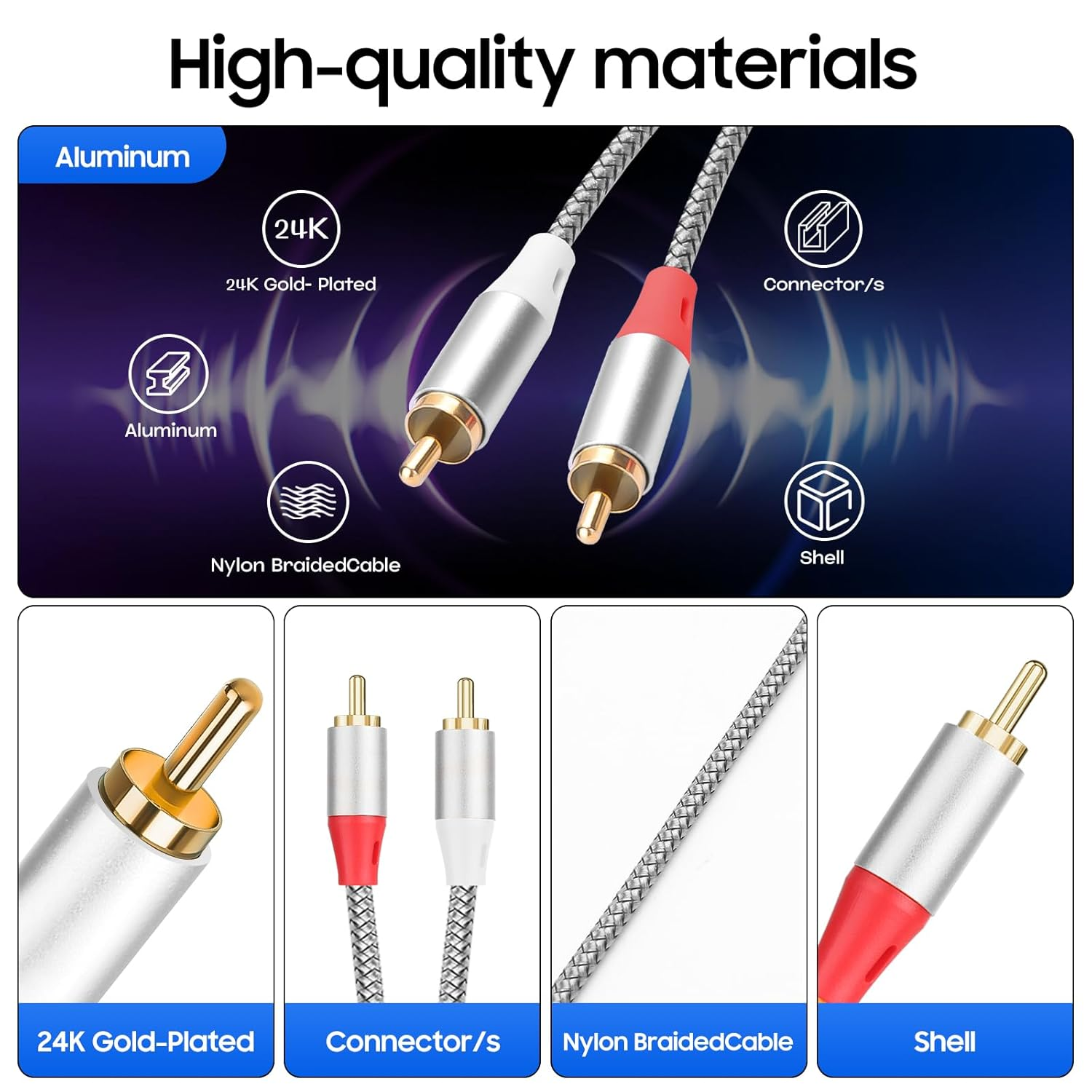 SJINYITONG 2RCA to 2RCA Cable 17.4Ft/5.3M,（Silver/2 Cable） Gold-Plated 2 RCA Male to 2 RCA Male Stereo Audio Cable for Home Theater, HDTV, Amplifiers, Hi-Fi Systems,Speakers and Etc image number 5