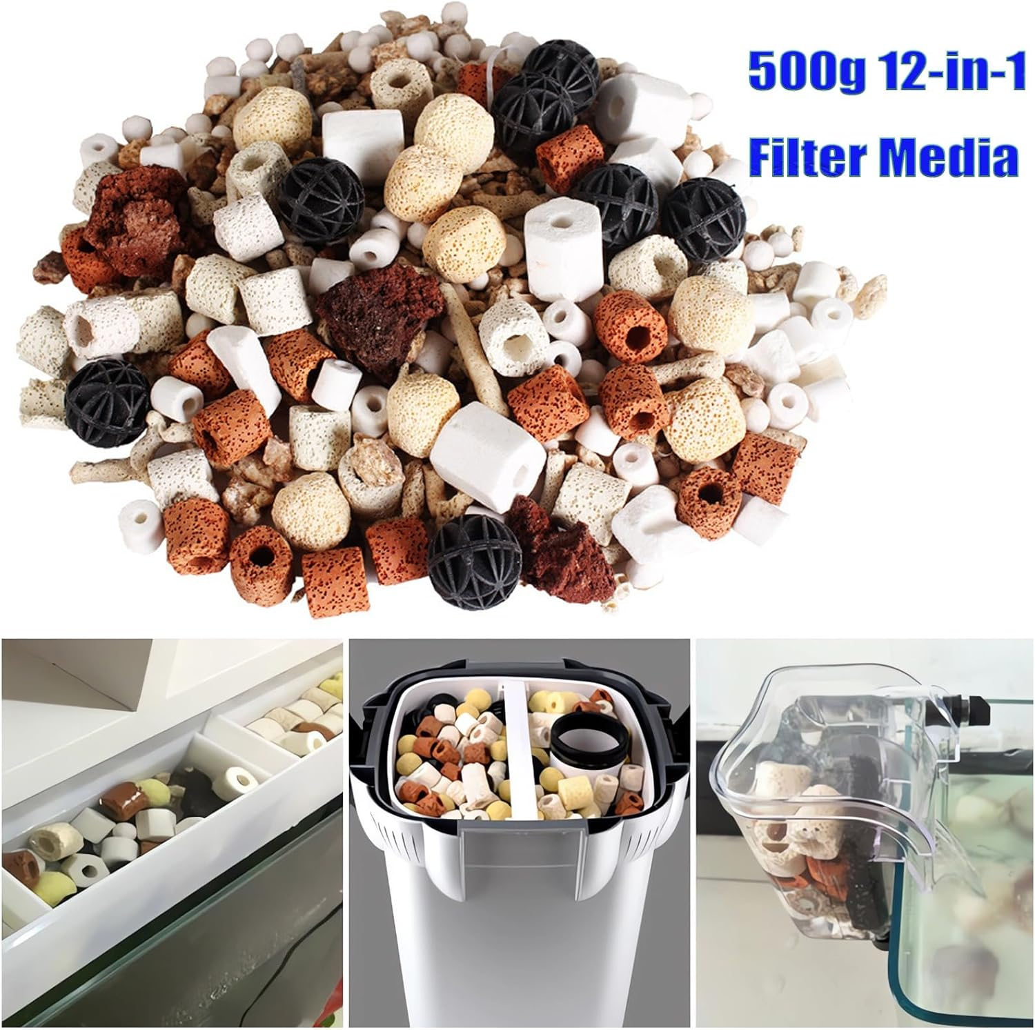 Aquarium Filter Media, 12 in 1 Aquarium Filter Media, Bio Balls Ceramic Rings Set for Aquarium Fish Tank Pond,Fish Tank Filter, Accessories 500G image number 3
