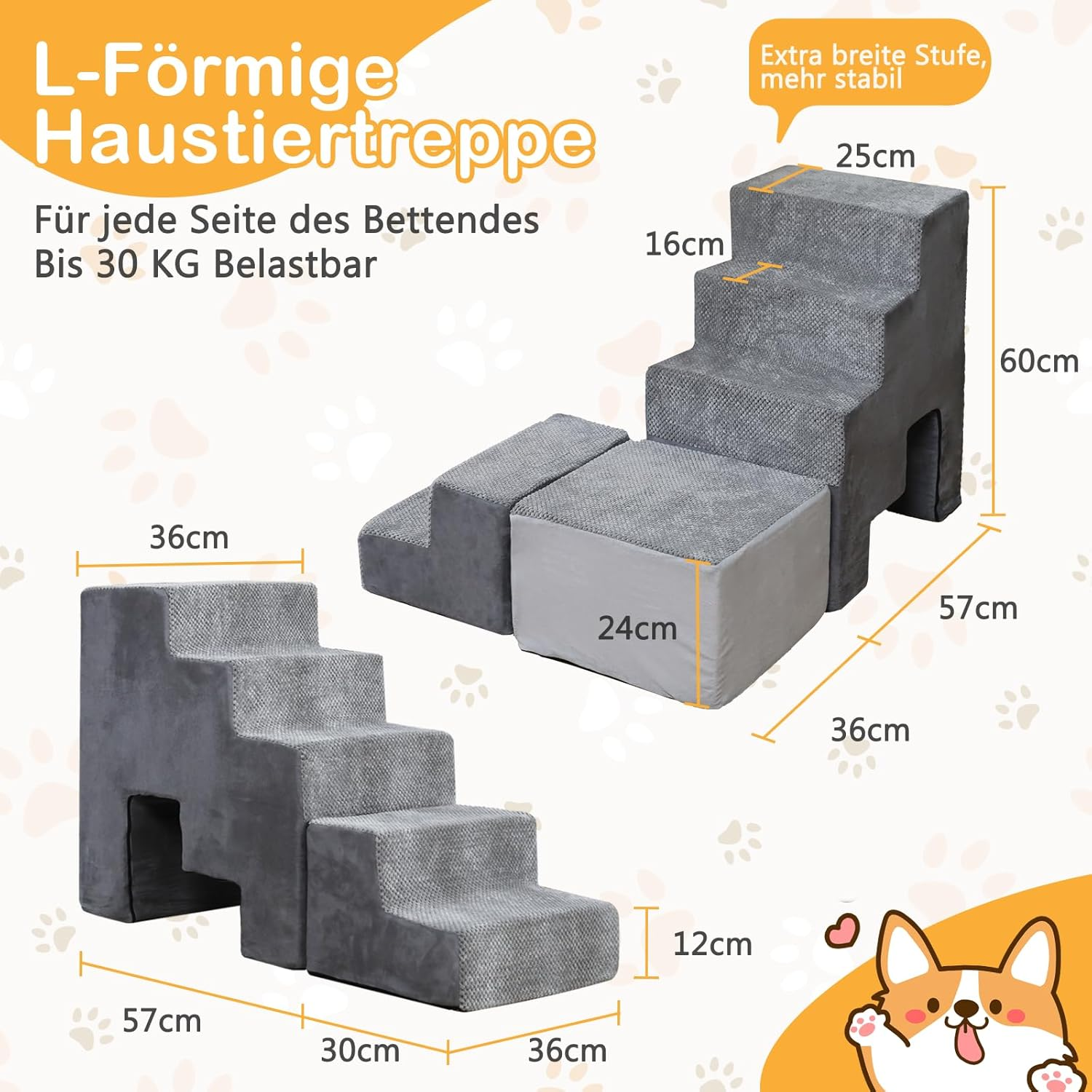 A.FATI Dog Stairs for Bed 60 Cm High, 5 Steps Dog Ramp for Box Spring Bed, Non-Slip Pet Stairs 60 Cm High for Small/Injured Dogs, Cats, Cat Stairs for Old Cats, Colour in Grey image number 1