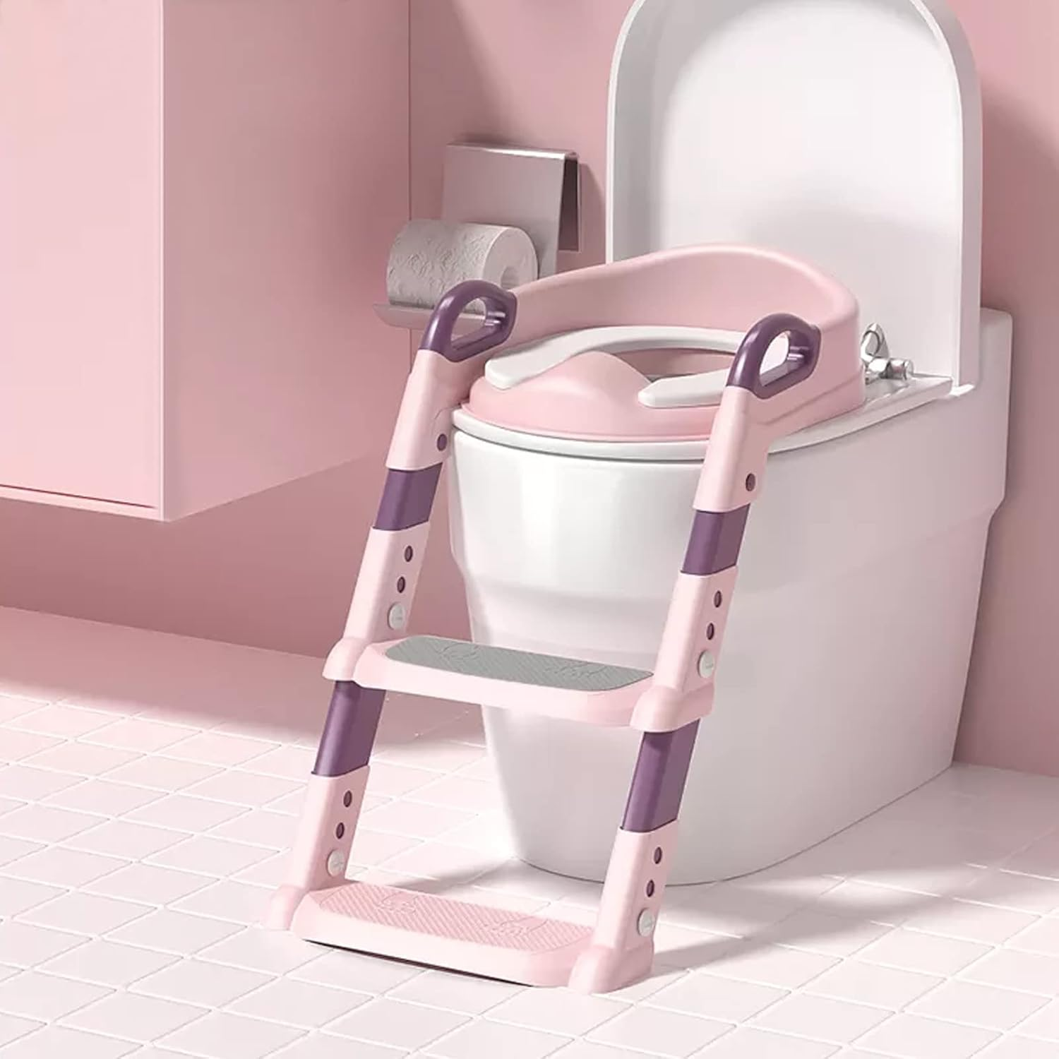 STEUGO Potty Training Seat with Step Stool Ladder,Potty Training Toilet for Kids Boys Girls,Toilet Training Potty Seat Sturdy Comfortable Built in Non-Slip Steps Soft Pad for Baby Boys Girls(Pink) image number 6