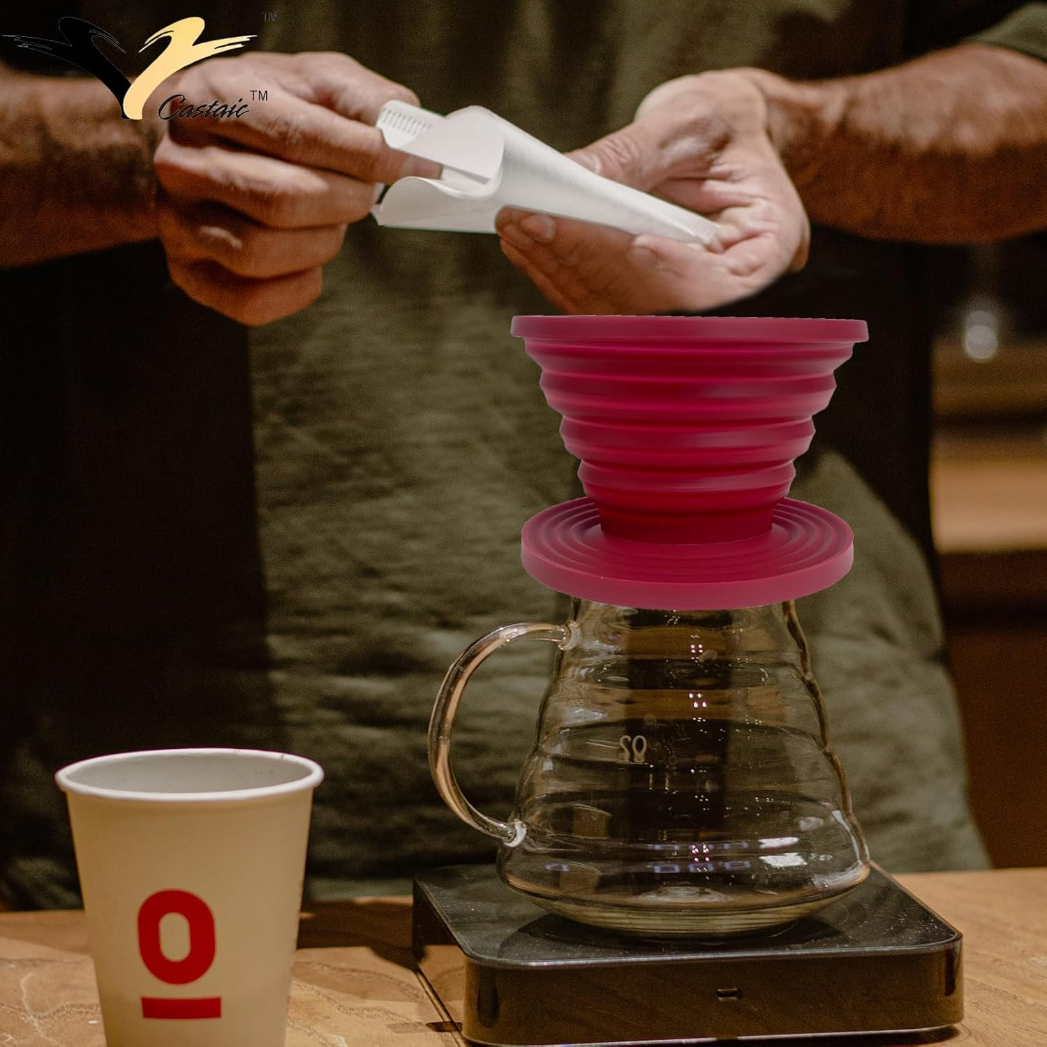 Castaic Collapsible Silicone Coffee Dripper Reusable Coffee Filter Cone for Hiking, Camping, Home, Office, Backpacking, Camping and Outdoor Survival (Red)