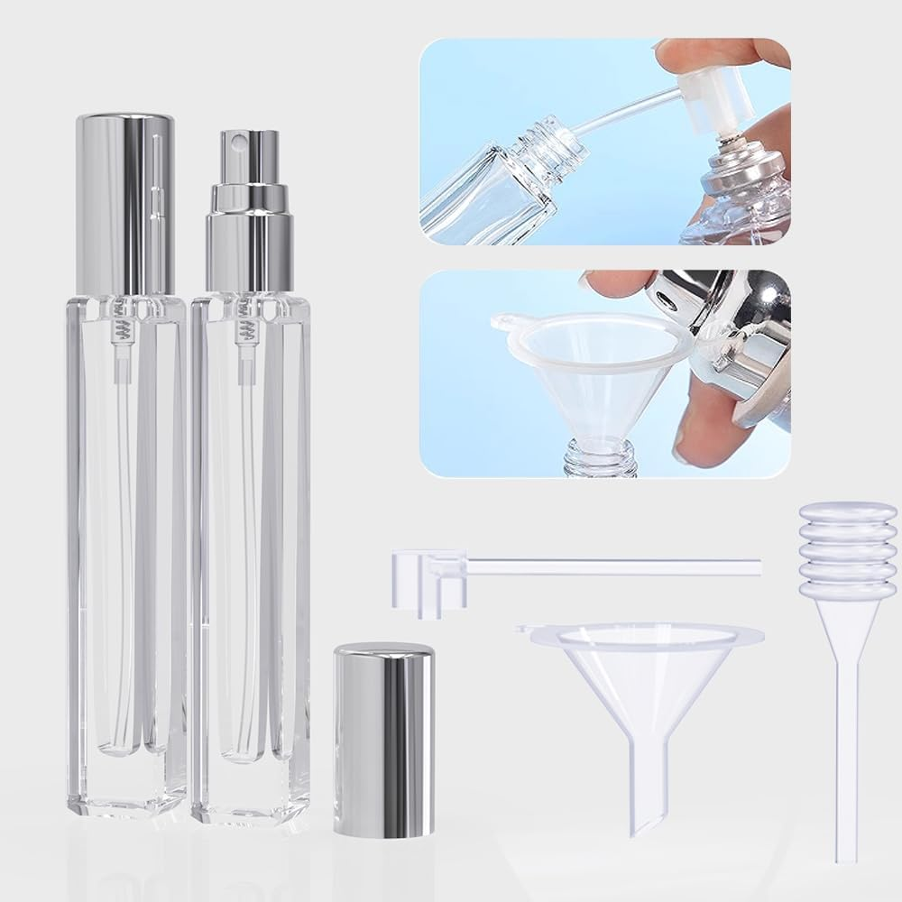 5PCS Cologne Atomizer Empty, 10ML Mini Perfume Bottles Refillable with Dispenser Tools, Pocket Spray Bottle for Travel and Sample Container (Transparent+Silvery Cap) - Transparent+Golden Cap image number 4