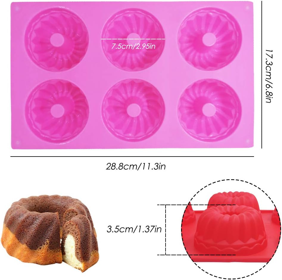 Findtop 3 Packs Silicone Mini Fluted Cake Pans, Mini Tube Cake Baking Pan for Muffin Cups, Coffee Cake, Cupcake, Brownie- Pink, Purple, Red image number 1