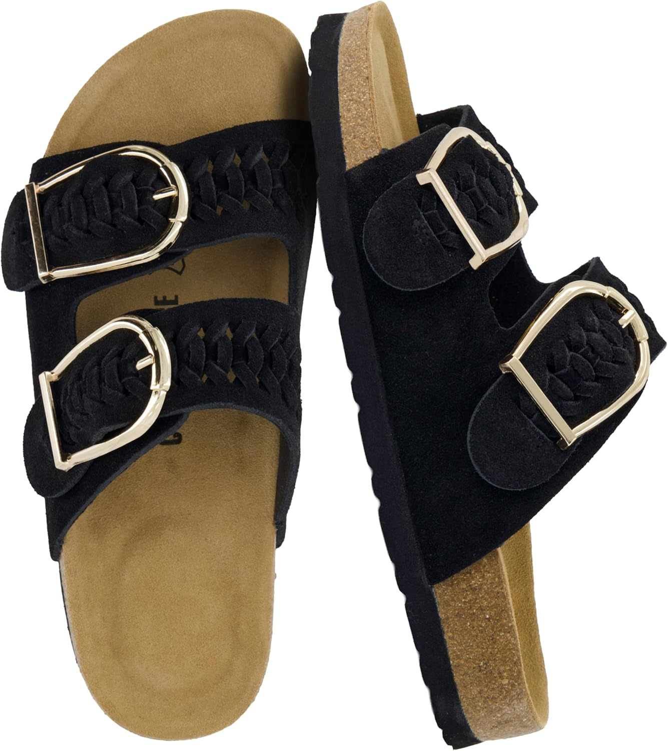 CUSHIONAIRE Cashew Slip on Suede Womens Sandals - Braided Double-Strap Design with Adjustable Big Buckle Sandals for Women