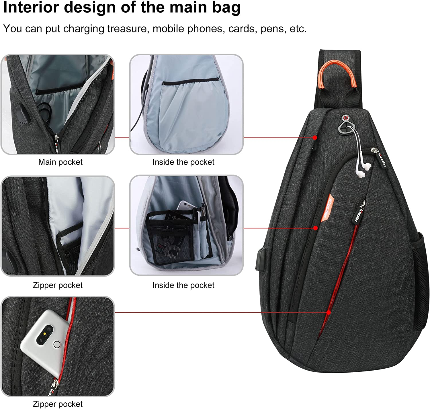 Icozzier Mens Sling Chest Bag Crossbody Backpack Shoulder Bag for Men Waterproof Outdoor Rucksack anti Theft Daypack with USB Charger Port& Bottle Holder for Biking Travel Cycling image number 5