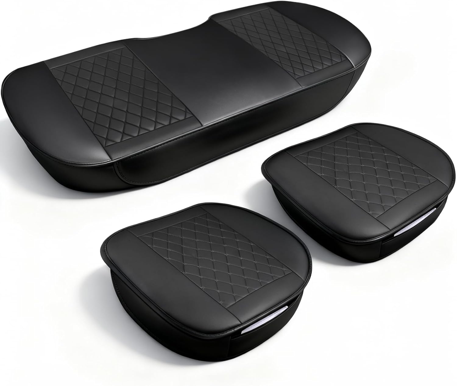 Car Seat Cover 3Pc PU Leather, Include 2 Pack Front Car Seat Cover and 1 Pack Rear Bench Cover, Edge Full Wrapping, Seat Protector for Seat Bottom with Storage Pocket, Anti-Slip,Universal, Black