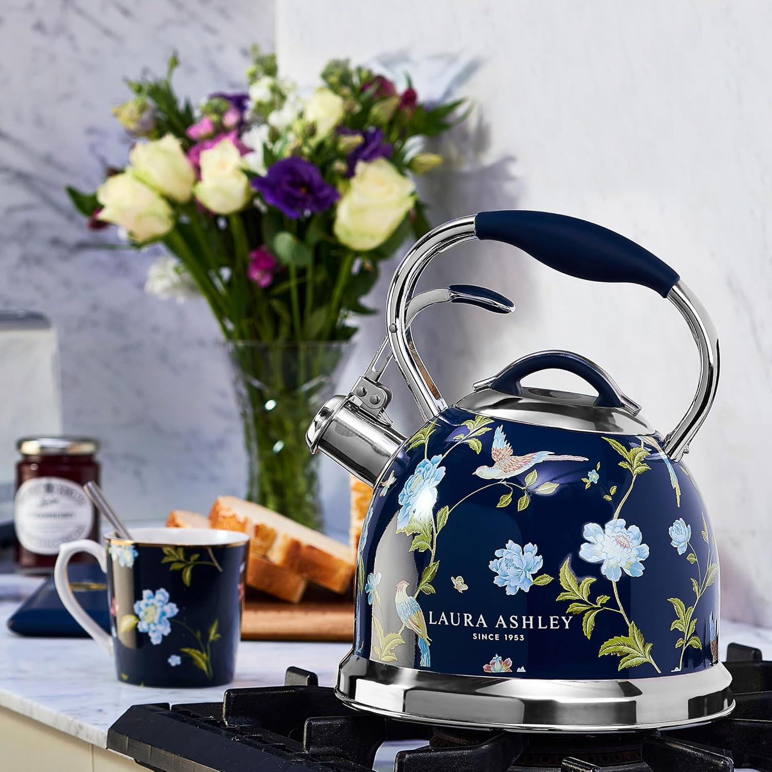 VQ Laura Ashley Elveden Navy 2.5L Stovetop Kettle. Stainless Steel Whistling Stove Top Kettle. Tea Kettle for Gas, Induction Hob & Others. Silicon Coated Cool Handle, Push Button Mechanism Teapot image number 2